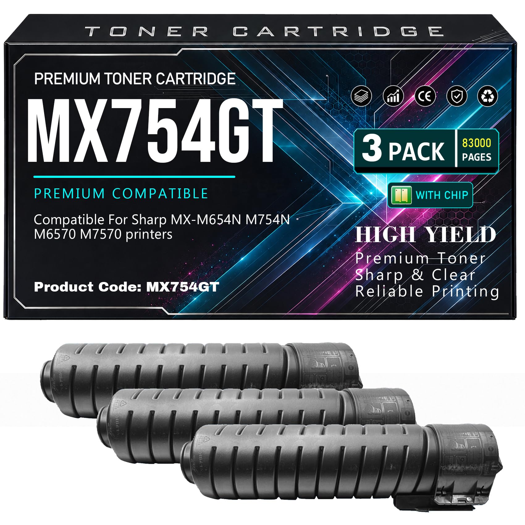 MX-M654N M754N M6570 M7570 Cartucce di toner Compatibile MX754GT | per Sharp MX-M654N M754N M6570 M7570 Stampanti con chip Lavoro ad alto rendimento 83000 pagine,MX754GT-3PC
