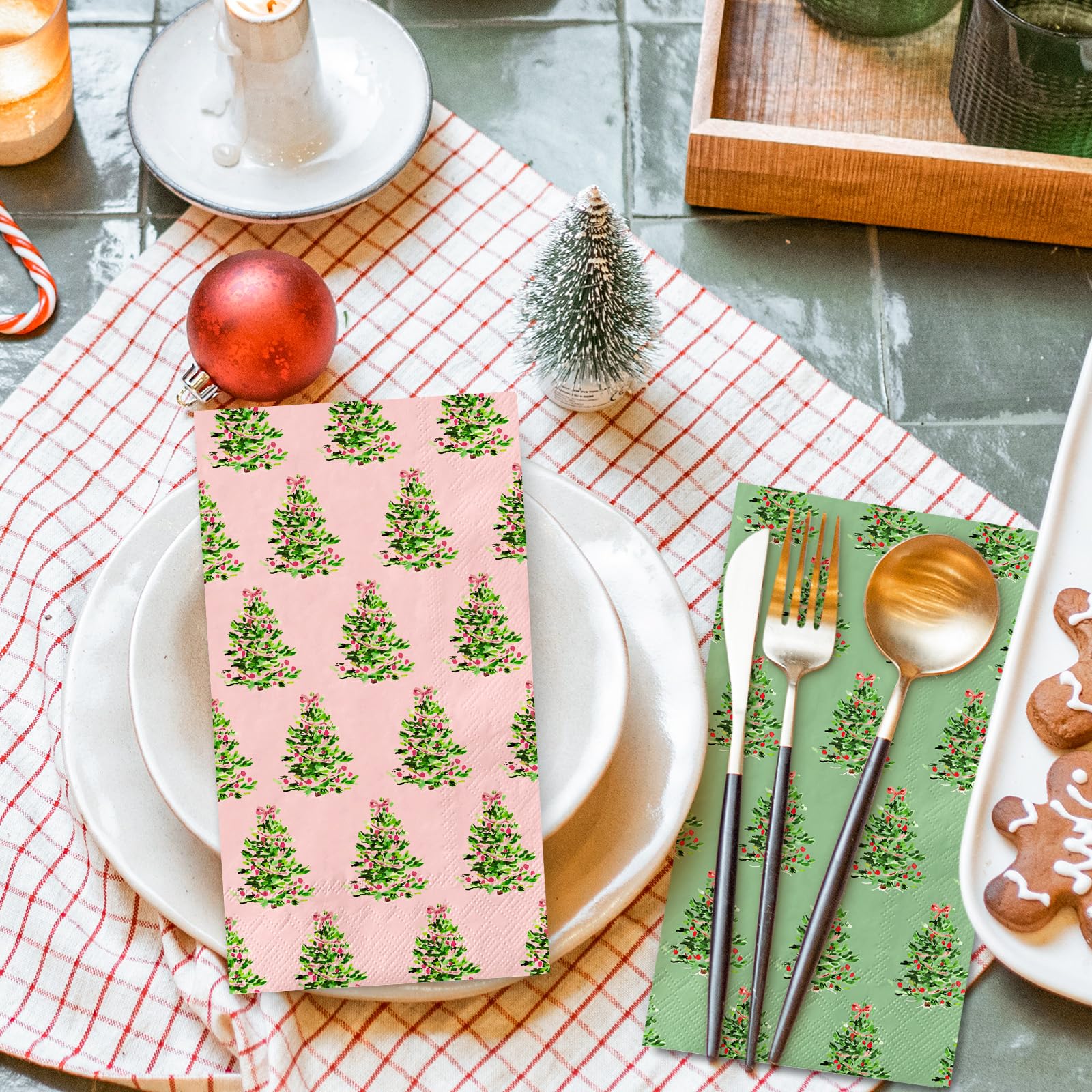 JarThenaAMCS 100 tovaglioli di carta per ospiti di Natale, colore rosa, verde, con albero di Natale, usa e getta, per la cena, per il bagno, le vacanze, le feste, la tavola