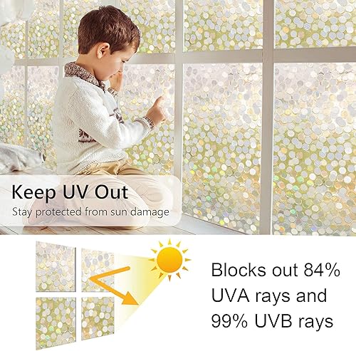 Miniatura 7 de rabbitgoo Película de privacidad para ventana, 3D arcoíris decorativo de vidrio, calcomanías para ventana, guijarros y círculos, 17.5 x 78.7 pulgadas