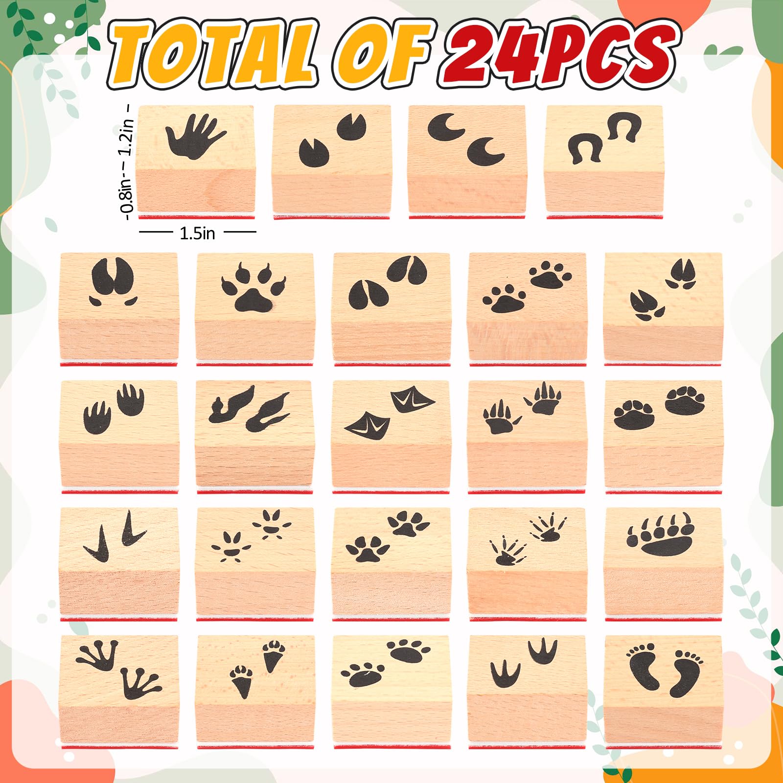 Whaline 29 sellos de goma de madera con huellas de animales con almohadillas de tinta para manualidades, huellas de animales de dibujos animados, sellos de manualidades para decoración de fiestas