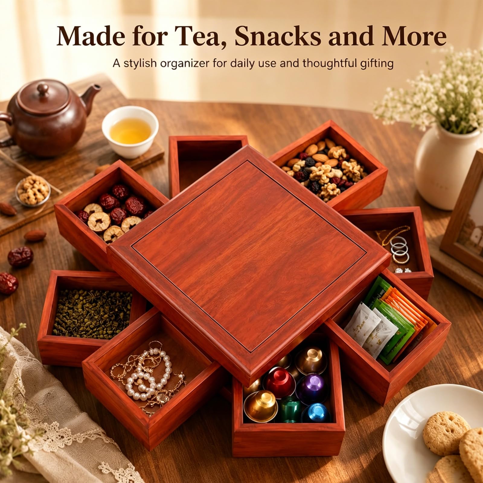 360°-snackbox Aus Holz Für Trockenfrüchte, EIN-/zweistöckiges Snacktablett Mit Deckel, Geschenkkorb Für Trockenfrüchte Mit 4/8 Fächern Für Trockenfrüchte Und Nüsse Single Layer