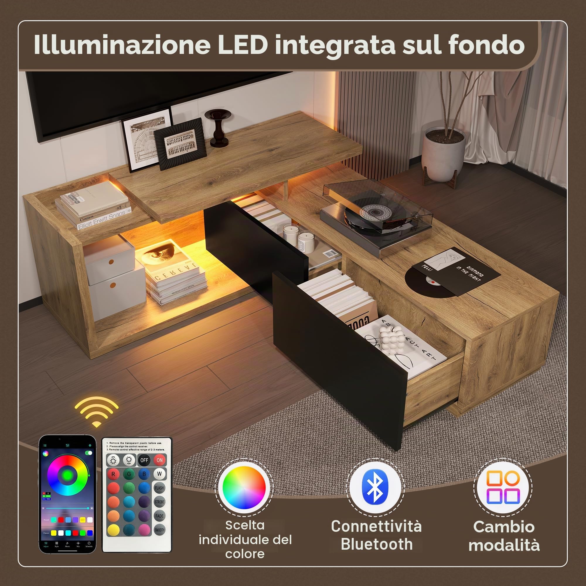 Azkoeesy Mobile TV con illuminazione a LED e 2 cassetti, con modulo mobile, lunghezza regolabile da 133 a 200 cm, venature in legno con colore nero (200 x 40 x 45 cm)