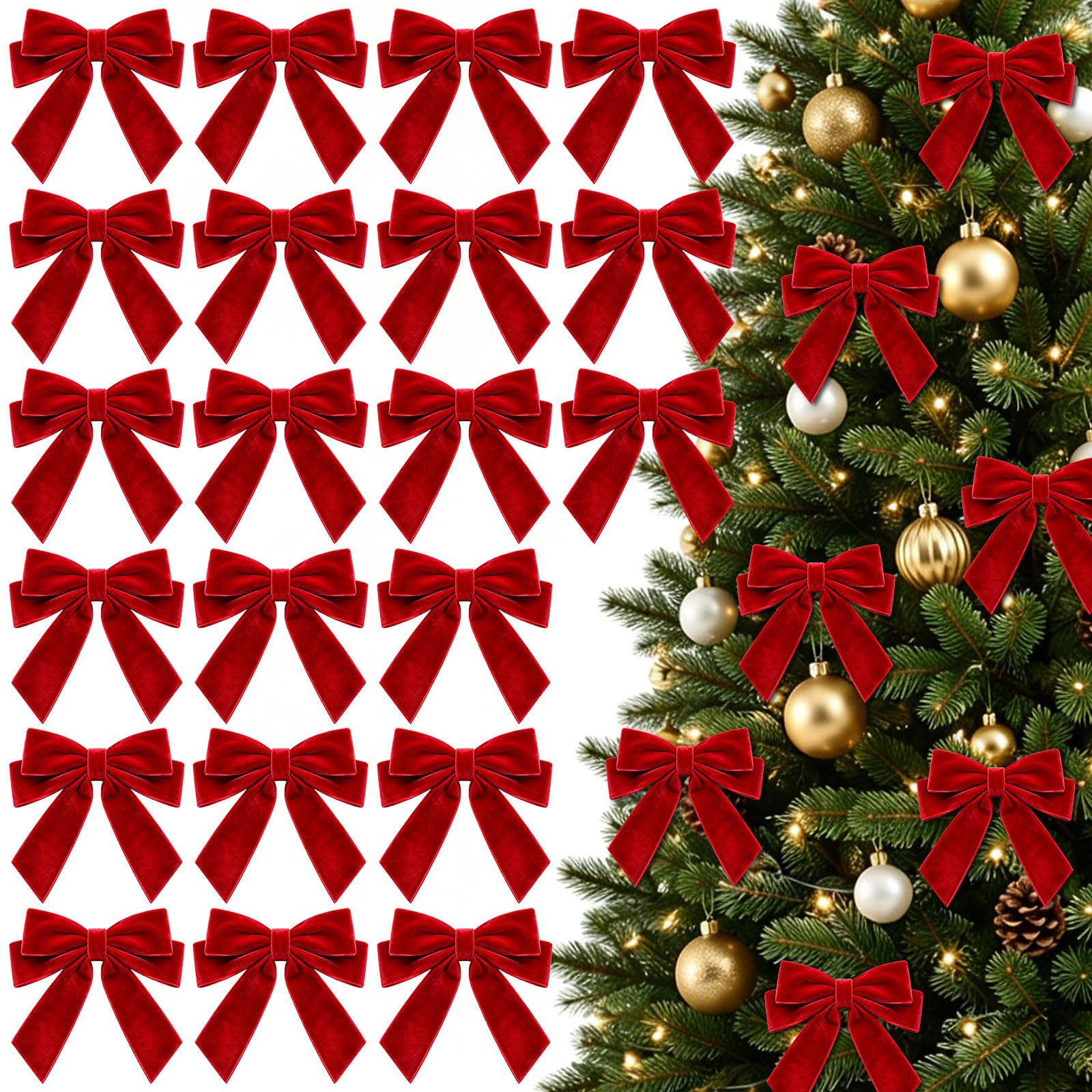 24PCS Christmas Red Velvet Ribbon Gift Bows with Twist Ties Xmas Tree Bow