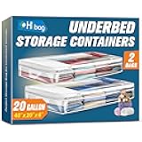 HIBAG 20 Gallon Under Bed Storage Containers, Underbed Clothing Storage Bins, Clear Plastic Organizer with Reinforced Handles, for Clothes Comforters Blankets Towels Pillows Bedding (2 Pack)