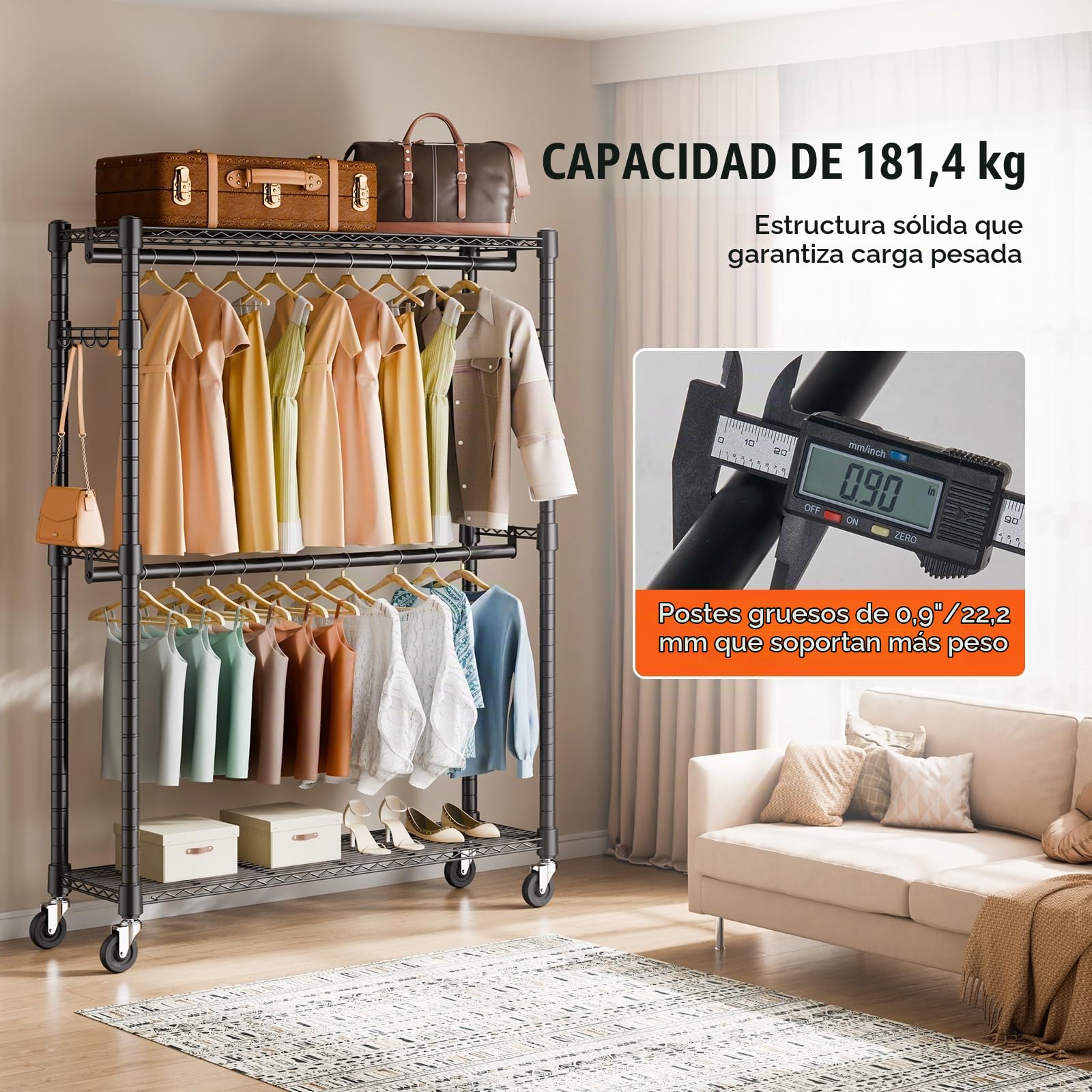 VEVOR Perchero Burro para Ropa con 4 Ruedas de 2 Barras 3 Estantes 2 Soportes Laterales Perchero de Acero Carga de 182 kg Perchero de Pie 1162 x 450 x 2040 mm para Almacenaje de Ropas en Dormitorios