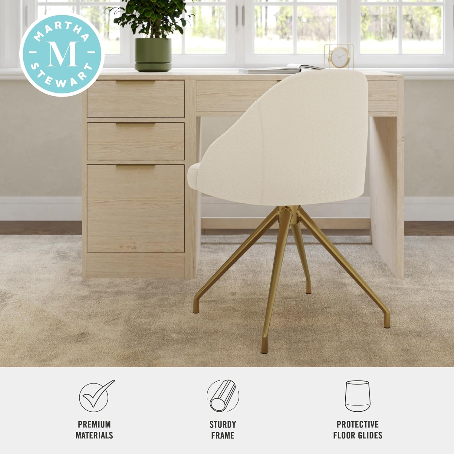 Martha Stewart Sora Stationary Swivel Task Chair with Sloped Arms for Home Office in Off White Boucle with Polished Brass Frame