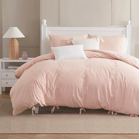Peri Home Bow Bedding Duvet Cover Cottage Core Vintage Country 100% Cotton 3-Piece Set, King, Blush Sasha Bows