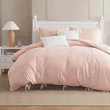 Peri Home Bow Bedding Duvet Cover Cottage Core Vintage Country 100% Cotton 3-Piece Set, King, Blush Sasha Bows
