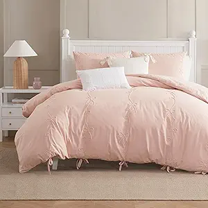 Peri Home Bow Bedding Duvet Cover Cottage Core Vintage Country 100% Cotton 3-Piece Set, King, Blush Sasha Bows