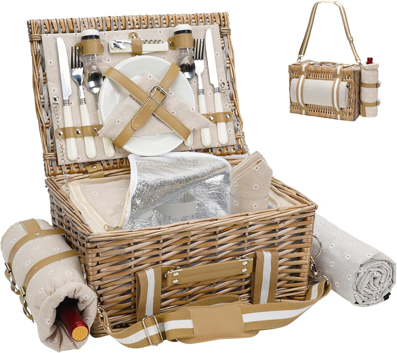 G GOOD GAIN Picnic Basket for 2-19Pcs Wicker Picnic Set with Waterproof Blanket & Wine Bag| Large Picnic Hamper with Insulated Cooler & Cutlery Kit for Couples Camping,White Flower 15x11x7.5inch White Flower With Strap