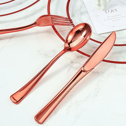 Miniatura 3 de Goodluck Juego de 50 cubiertos de plástico preenrollados color rojo, juego de cubiertos envueltos con 50 tenedores, 50 cuchillos, 50 cucharas y 50