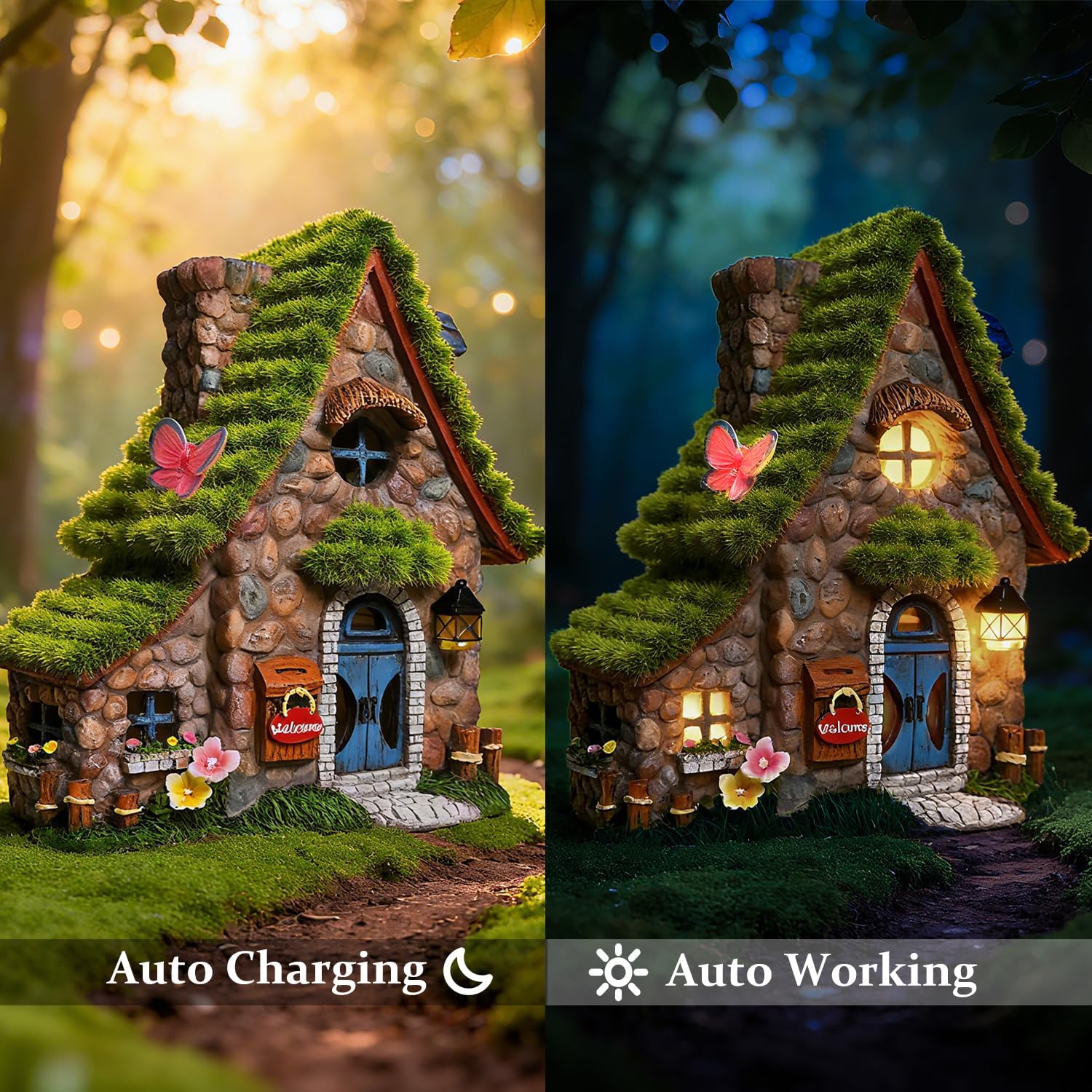 ASAWASA Resin Fairy House Statues with Solar Powered Lights, Funny Garden Sculptures with Flocked and Cobblestone Decor, Exquisite Garden Cottage Figurines - Image 8