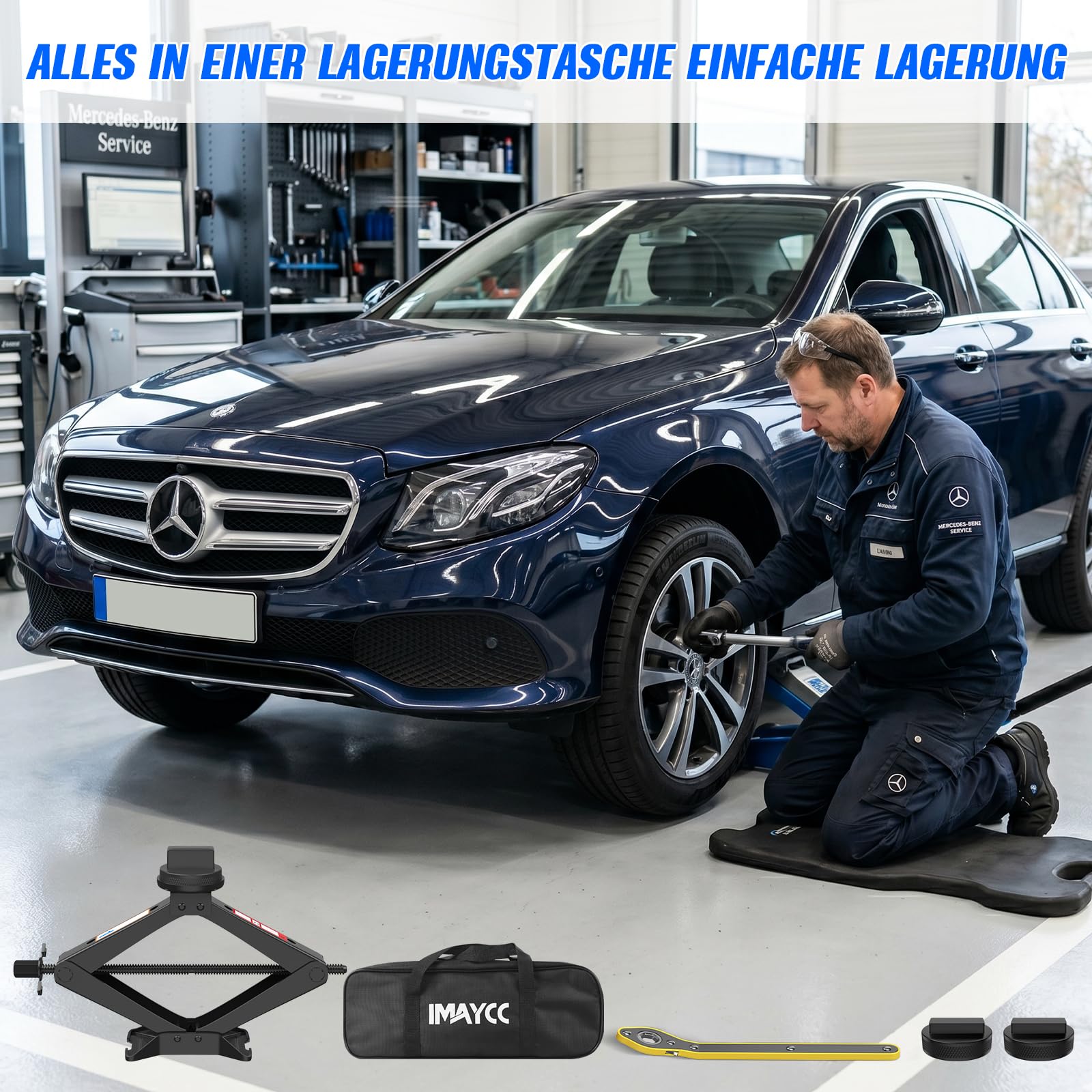 IMAYCC 3T Cric Auto in Acciaio Robuste Per Mercedes-Benz Auto | 2 Tampone In Gomma,Cric a Forbice Anti-graffio,Kit Emergenza Auto Per Mercedes-Benz-SUV MPV Sostituzione degli Pneumatici