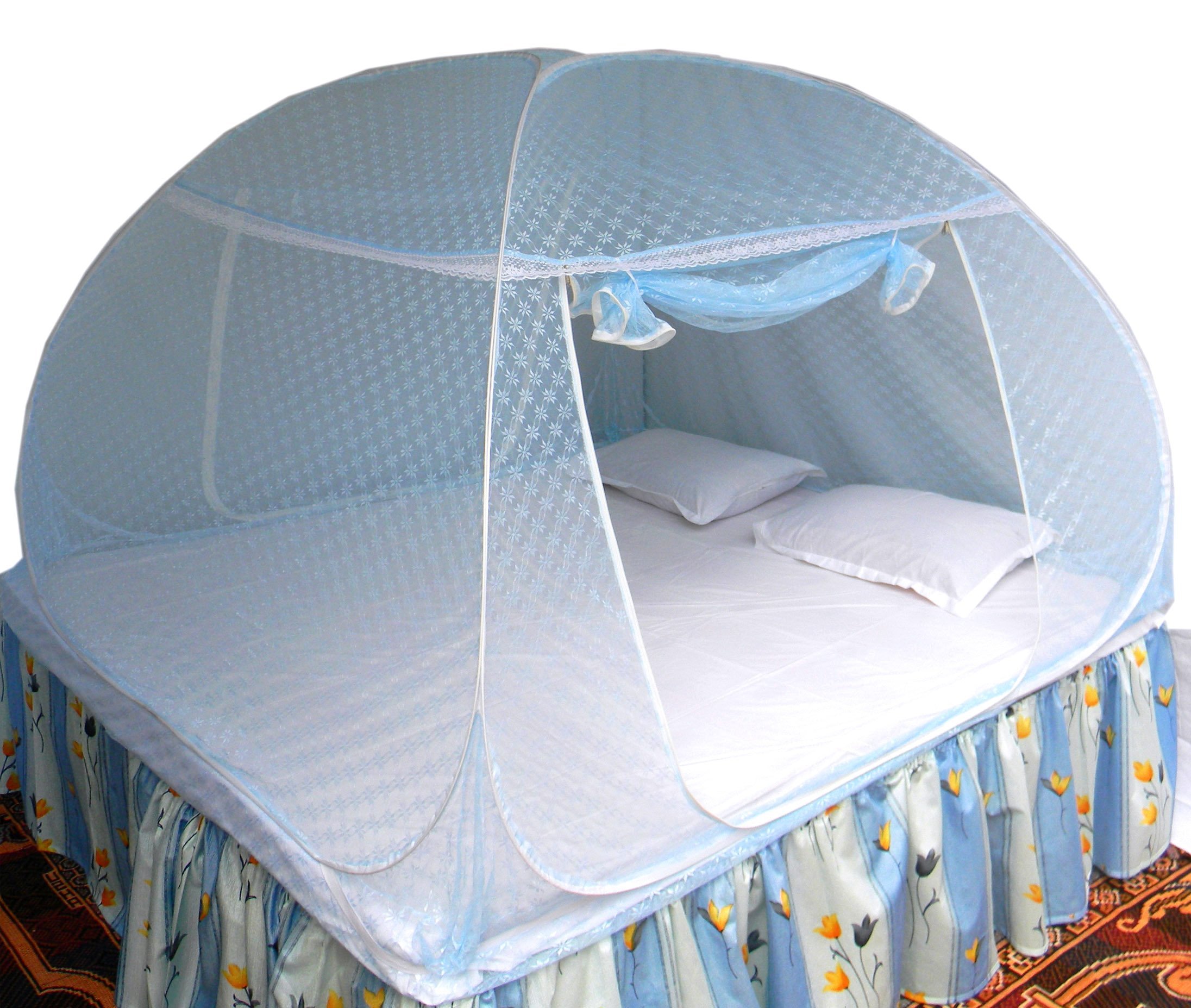 Healthy Sleeping Foldable Pop up Polyester Mosquito Net for Double Bed, Strong & Durable Mosquito Net, King, Queen Size Foldable Machardani (New Embroidery Sky Blue)