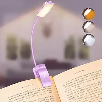 Gritin 9 LED Rechargeable Book Light for Reading in Bed - Eye Caring 3 Color Temperatures,Stepless Dimming Brightness,80 Hrs Runtime Small Lightweight Clip On Book Reading Light for Studying-Purple