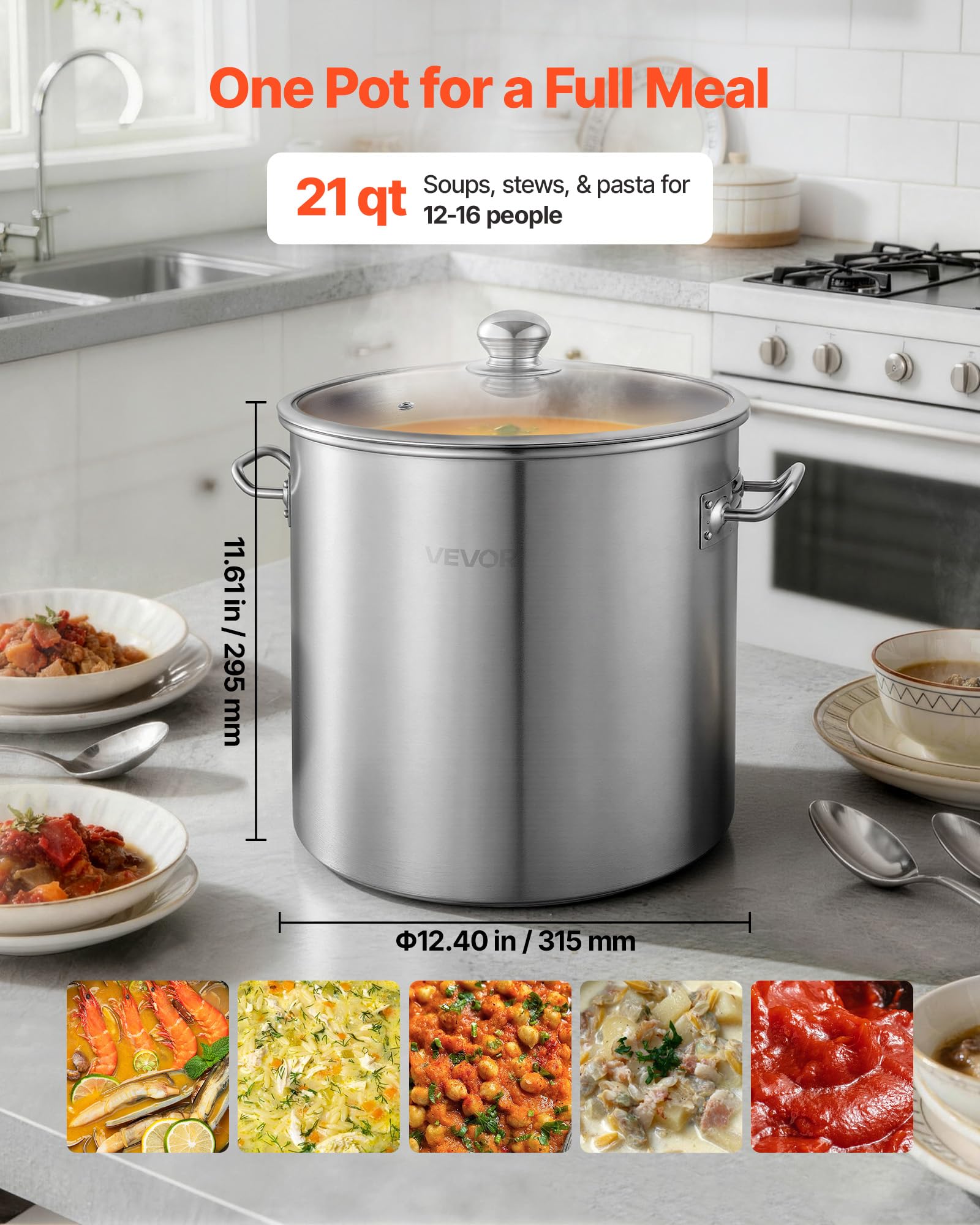 VEVOR Pentola in Acciaio Inox da 19,9 Litri, Casseruola in Acciaio Inox con Coperchio in Vetro per Cottura da Cucina Brodo, Pasta, Zuppa, Catering Ristorante Cucina Commerciale, Senza PFOA PFAS