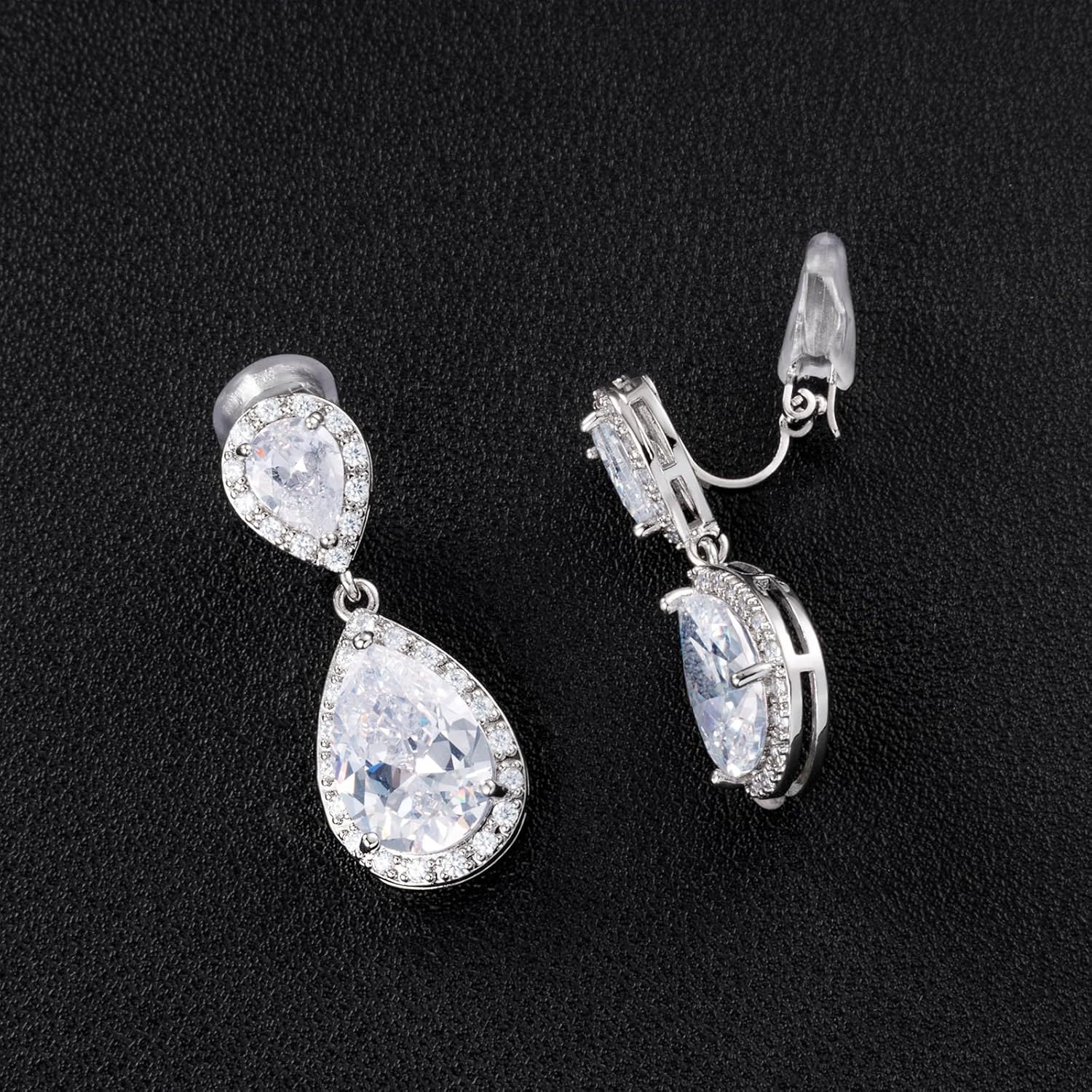 Wedding Zircon Teardrop Clip On Earrings For Brides Women No Piercing Sparkly CZ Silver Dangle Earrings - Image 6