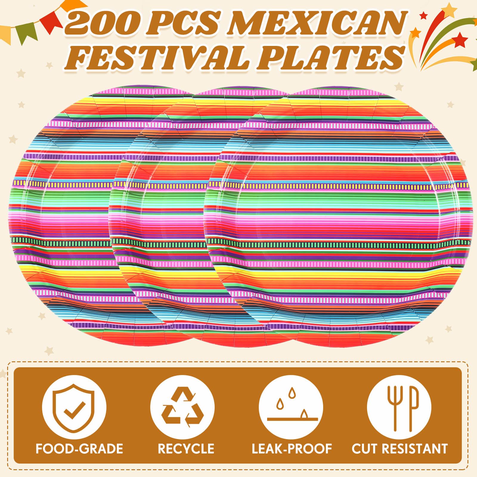 Sabary Fiesta-Pappteller für Cinco De Mayo Party, 22,9 cm, mexikanische Party-Dessertteller, Taco-Speiseteller, Partyzubehör für Fiesta, Dienstag, Geburtstag, Party-Dekorationen (bunte Streifen), 200