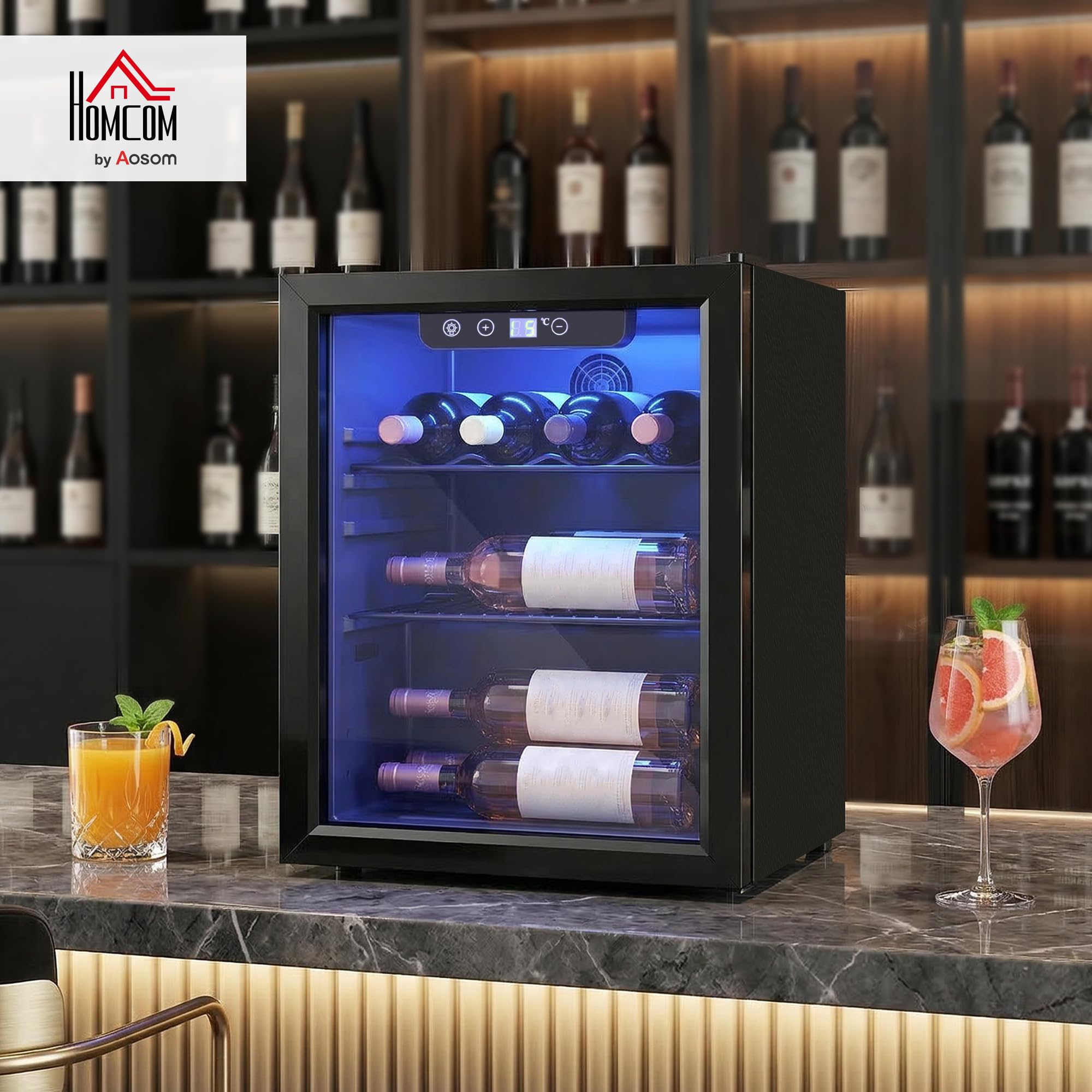 HOMCOM Nevera para vino (16 botellas, 48 L), color negro | Frigorífico para bebidas, 4-16 °C, puerta de doble cristal, iluminación LED, pantalla LED, Wine Fridge