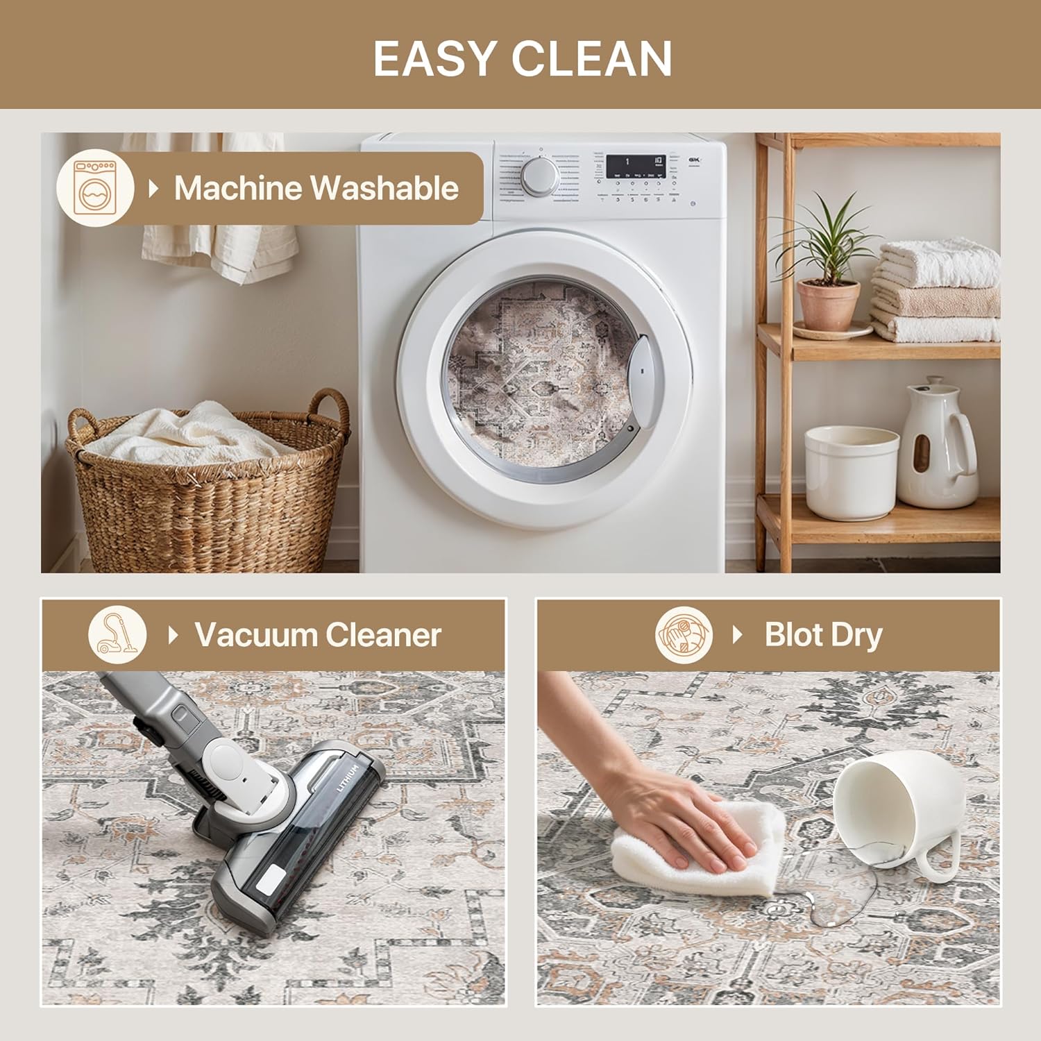 GENIMO 2'6''X5 Runner Rug Non Slip, Machine Washable Hallway Runners, Low Plie & Thin Vintage Rug for Hallway, Kitchen, Laundry, Entryway, Bedroom & Living Room, Light Taupe Brown