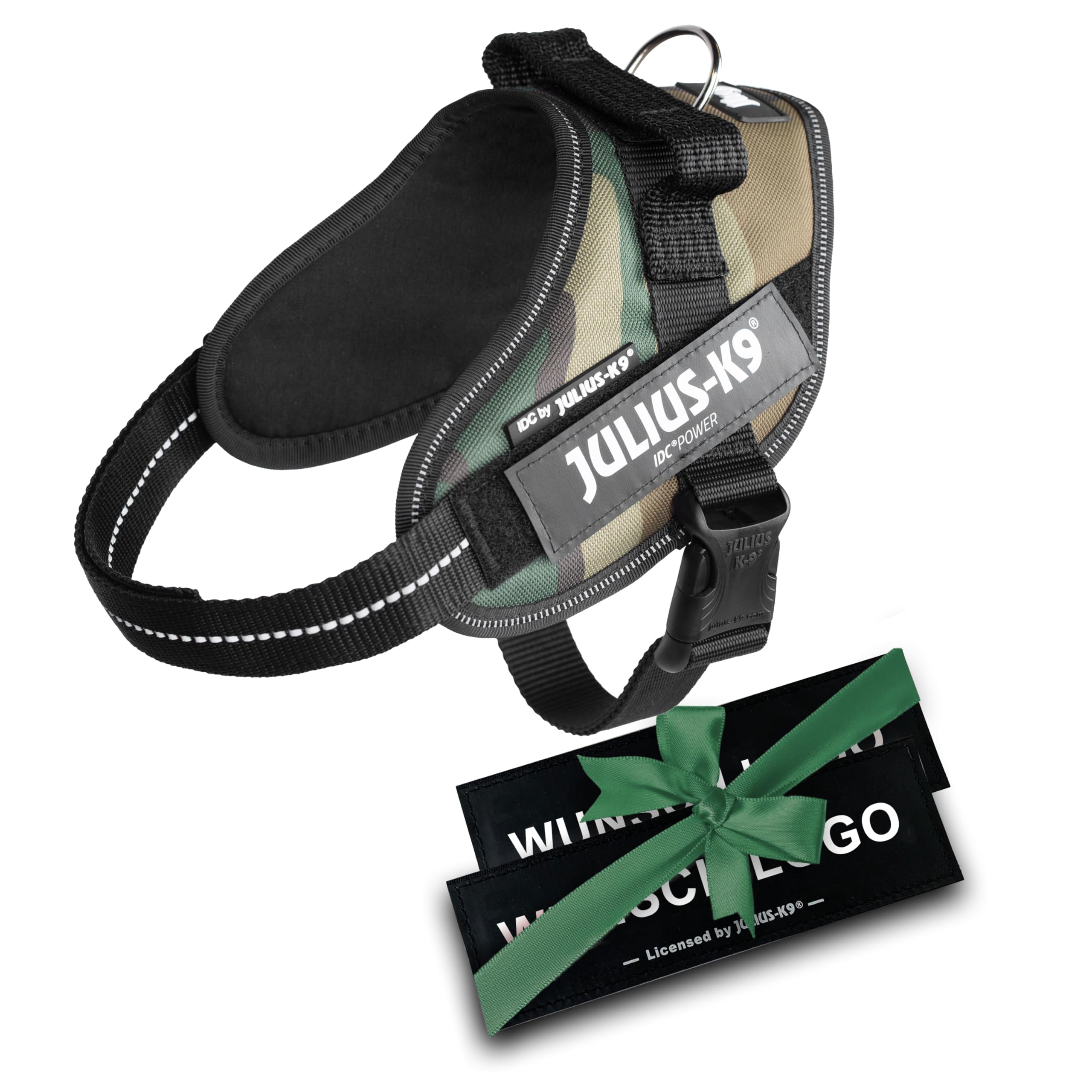 JULIUS K-9 IDC Powergeschirre Camouflage mit individuelle Klettaufschriften Bundle optionale Größe, 16IDC+CUSTOMP-C, Kleine, mittelgroße, und große Hunde