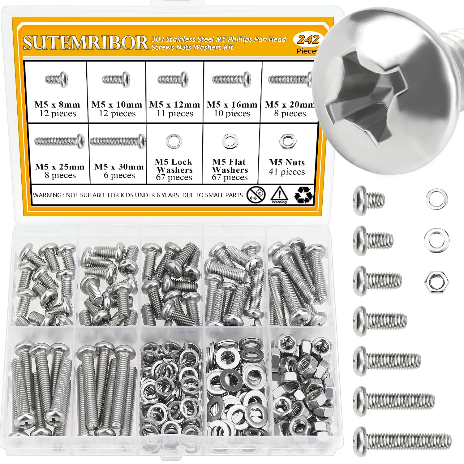 242 Pieces M5 Machine Screws Nuts Washers Set, Sutemribor M5 x 8/10/12/16/20/25/30mm Phillips Pan Head Machine Screws Nuts Washers Assortment Kit, 304 Stainless Steel, Fully Threaded