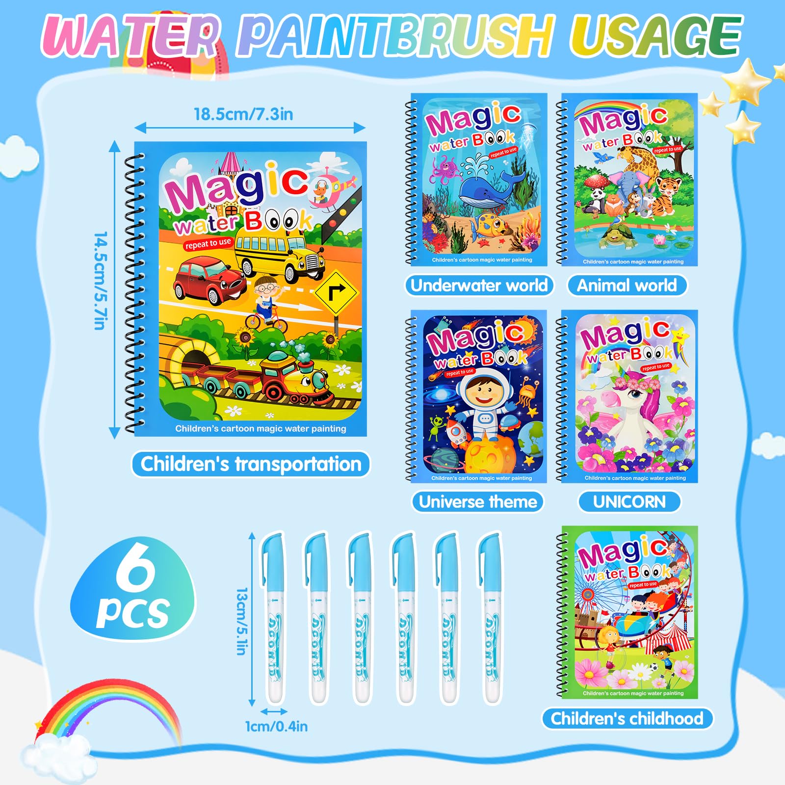 MINISOISO 6 Livres Magiques à L'eau – Thèmes Variés, Réutilisables, Stylos Inclus, 2-6 Ans, Cadeau Noël