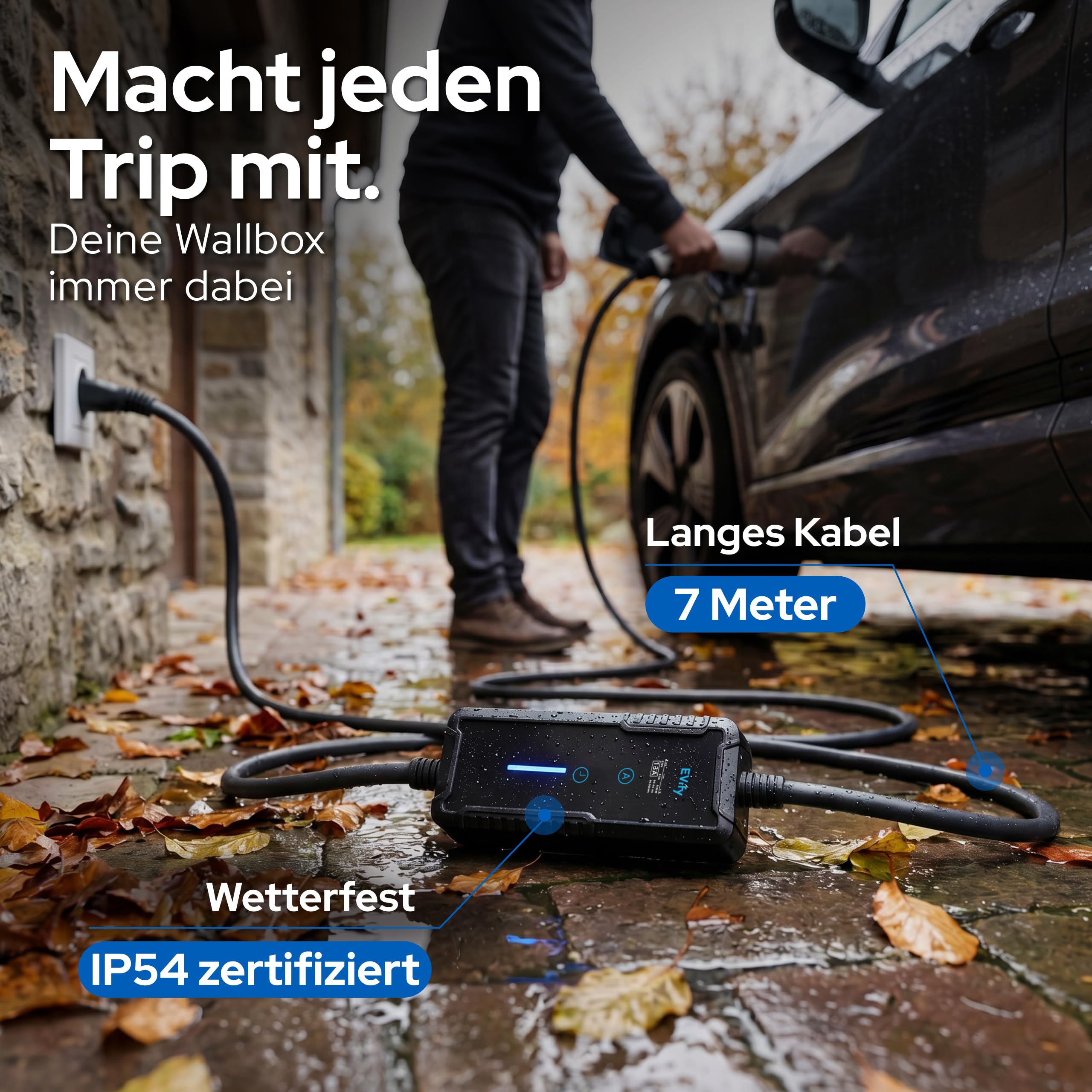 Ladekabel Typ 2 Schuko 3,7kW 7M 16A für Elektroauto & Hybrid inkl. Kabeltasche • Stromstärke/Ladeleistung einstellbar 6|8|10|13|16A, ideal für PV-Anlage • Typ 2 Ladekabel Schuko