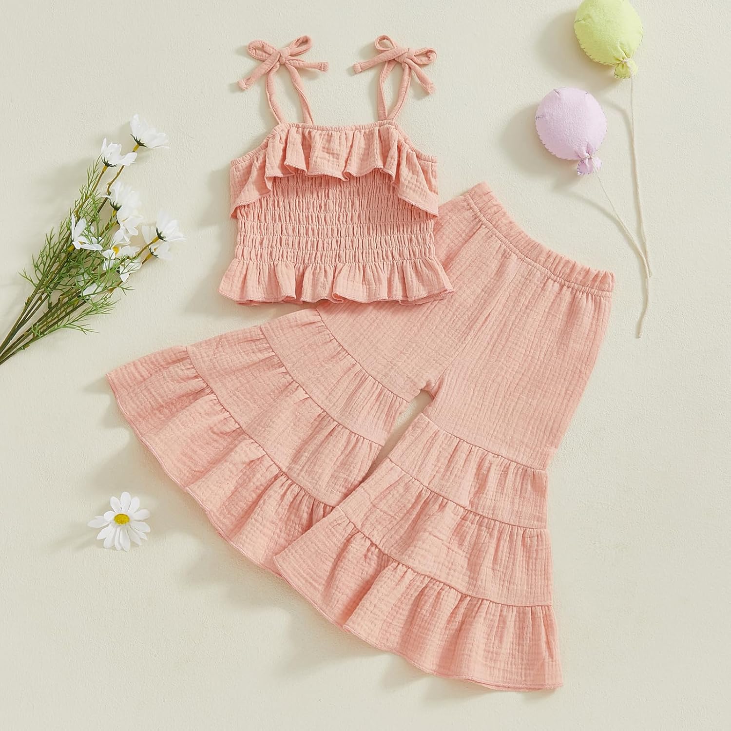 Toddler Baby Girl Smocked Outfit Ruffle Halter Shirt Flared Pants Set Toddler Bell Bottom Outfit Summer Clothes - Image 2