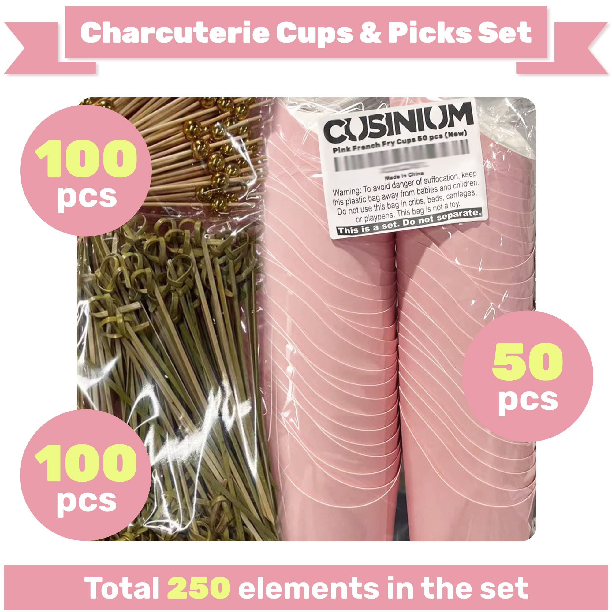 CUSINIUM [50 Cups + 200 Picks 14 oz Baby Pink Charcuterie Cups with Cocktail Picks (2 Types) - Disposable Brown Paper Appetizer Cups, Popcorn Boxes