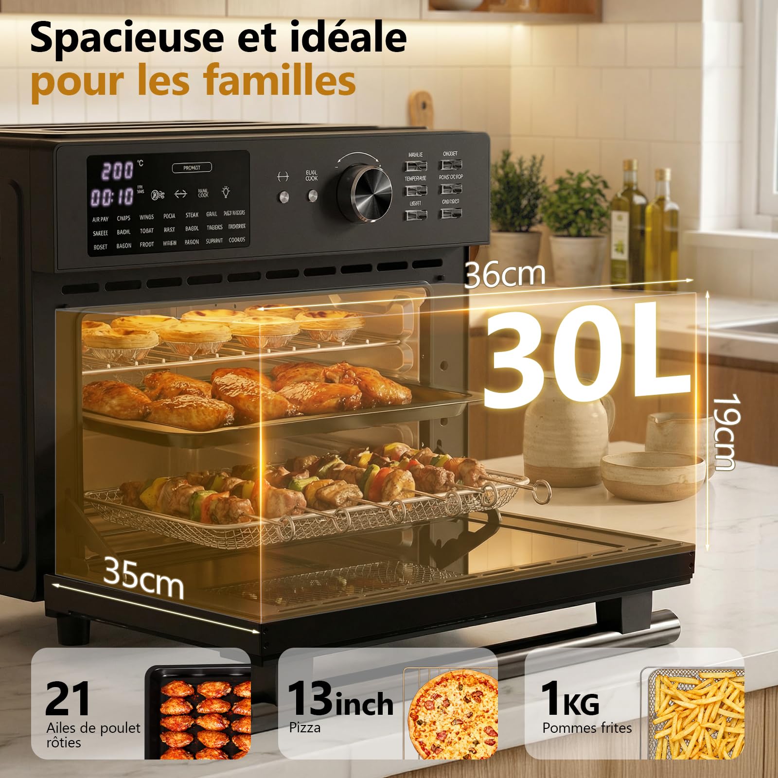 Air Fryer xxl, 1800W Friteuse Sans Huile, 21 in 1 Petit Four a Pizza Electrique avec 7 Accessoires, Grande Capacité, Livre Recette, Grill, Dual Cook, Four, Noir