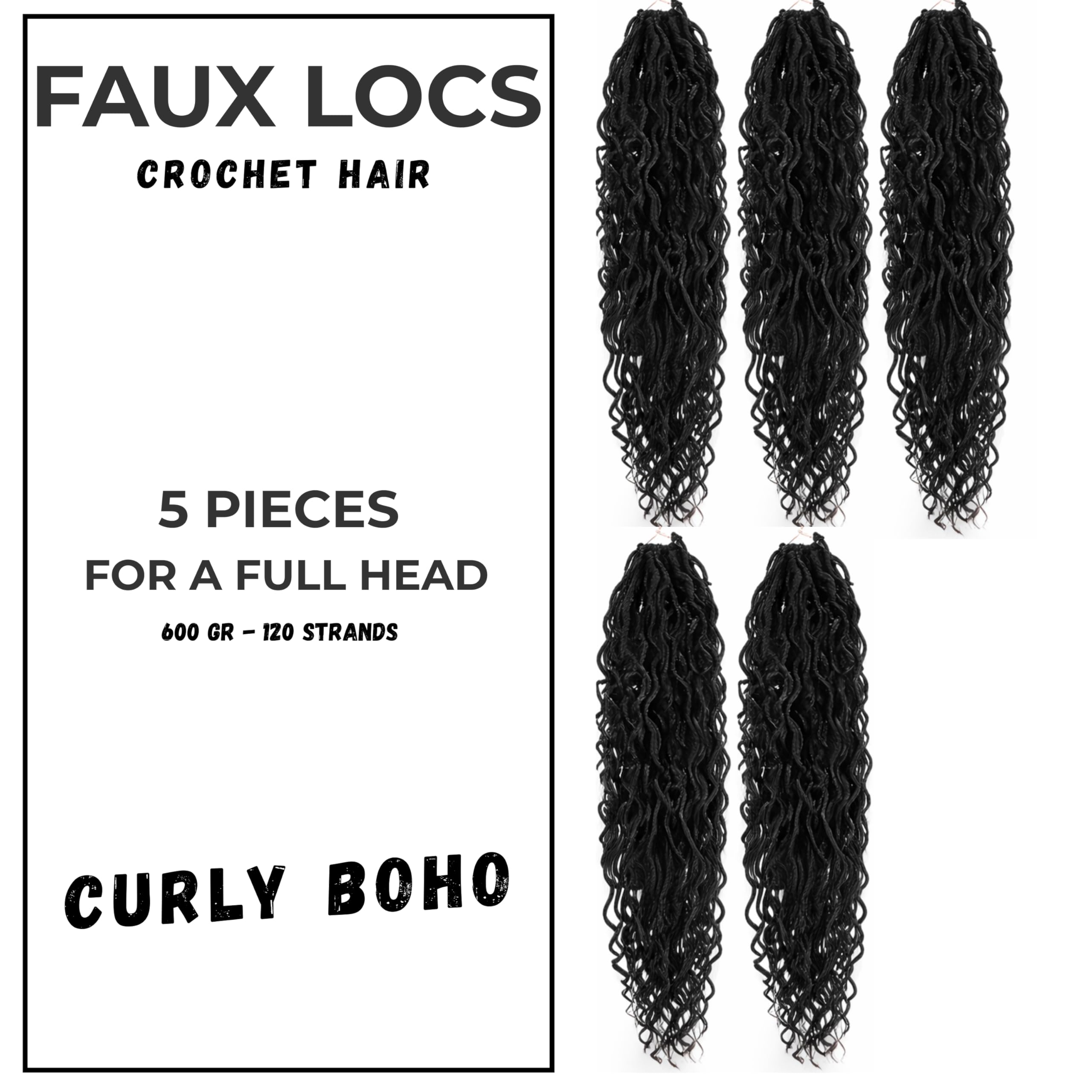 Faux Locs Curly Boho Braid Hair - Haarverlängerungen zum Flechten mit Crochet im Echthaar-Look Kanekalon - 600 g 120 Strähnen auf 5 Stück + 3 Zubehör inklusive (1B, 22" 45cm)
