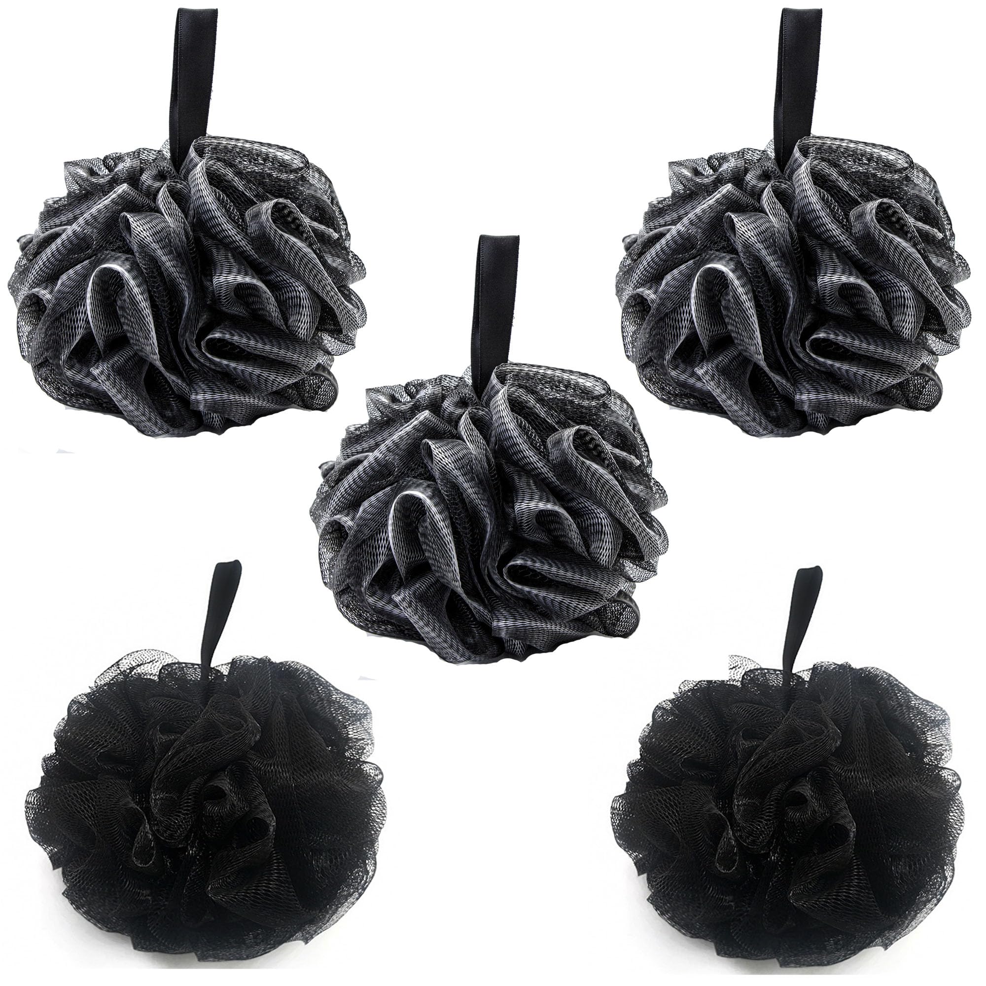 YUEMING 5 Piezas Esponja de Ducha, Esponja de Baño en Grandes Negro, Esponja de Lavado para la Ducha, Esponja Corporal, Tejido de Malla, Exfoliante, Limpieza, Calma la piel