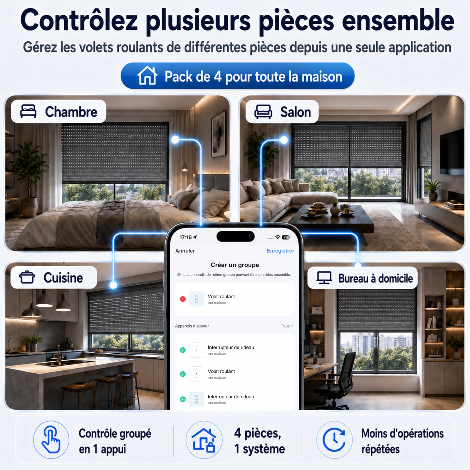 LoraTap 4 Interrupteur Module Volet Roulant Connecté, Commutateur Rideau Stores WiFi, Compatible avec Alexa Google Home pour Commande Vocale, Minuterie Intelligent Moteur Mural