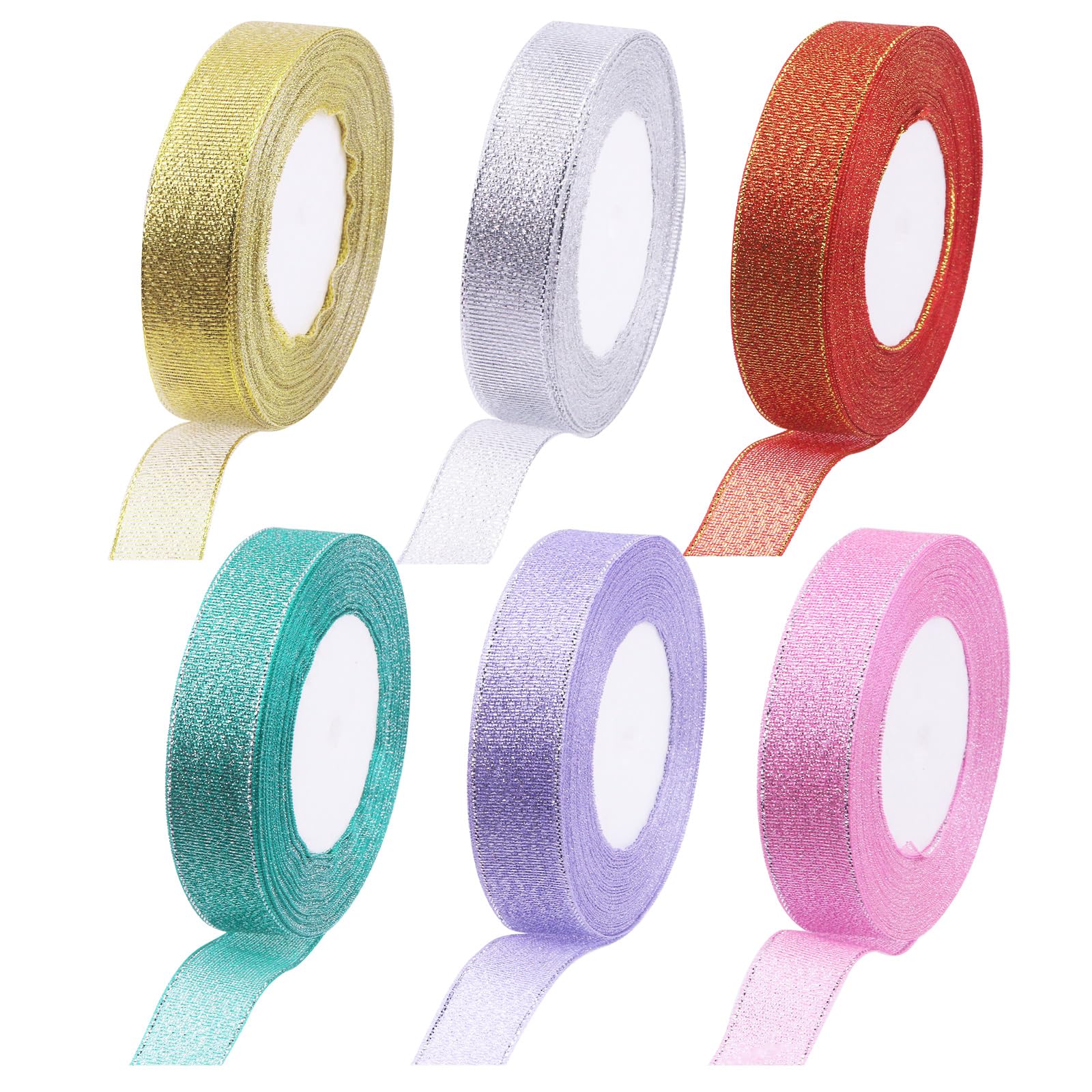 Rustark 6 Rolls Metallic Glitter Organza Ribbons Assortment Kit 6 Colors Each 4/5 Inch x 25 Yards Glitter Ribbon for Gift Wrapping Christmas Birthday Wedding Party Decoration (2cm x 22.5m)