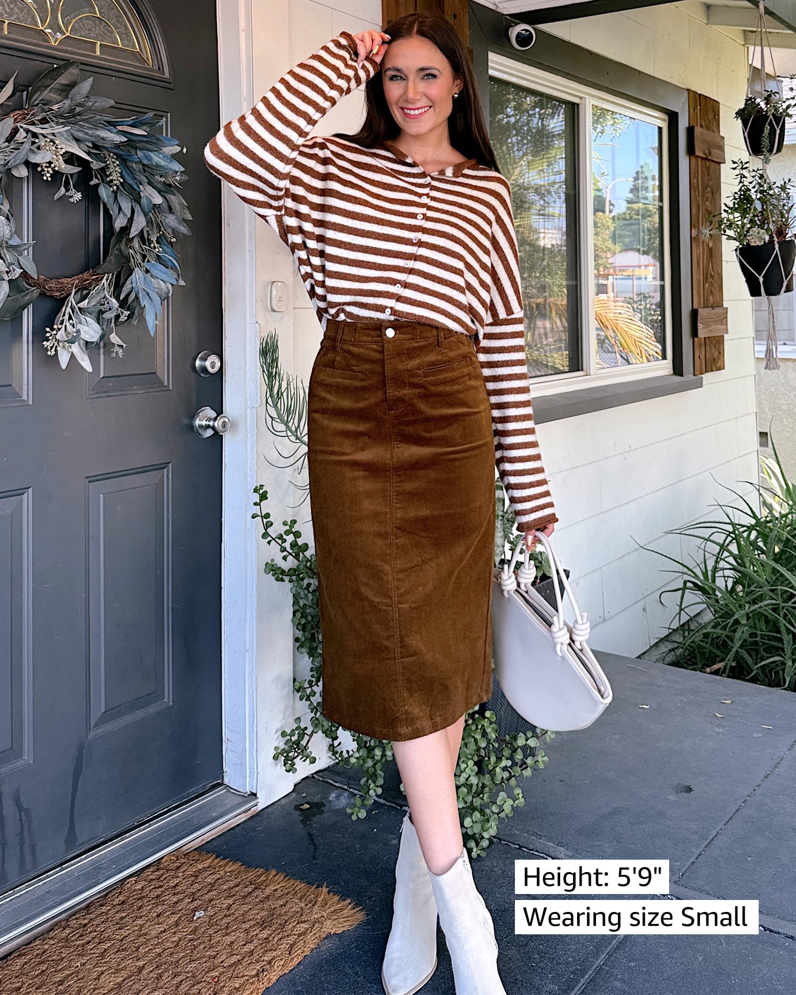 luvamia Corduroy Skirts for Women Midi Length High Waisted Trendy Fall Elastic Waist Casual Stretchy Welt Pockets Skirt