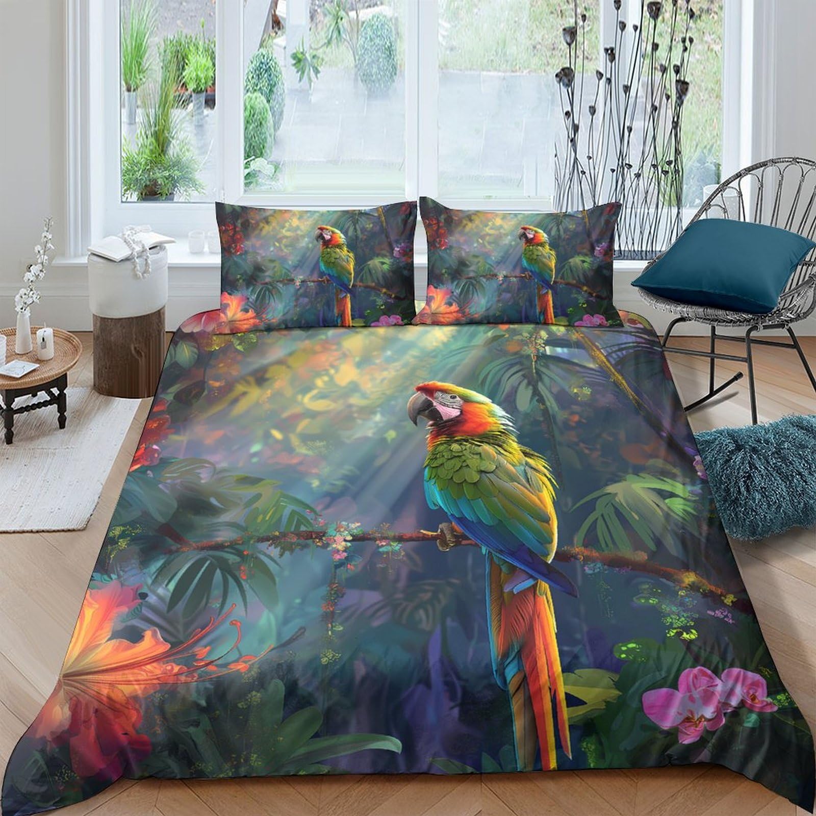 Ctjqhvkz Style-1 3D Printed Tropical Parrot Fitted Sheet Microfiber Soft Colorful Jungle Mattress Cover Bedroom Decor For Home Guest Room Single（135X200cm）