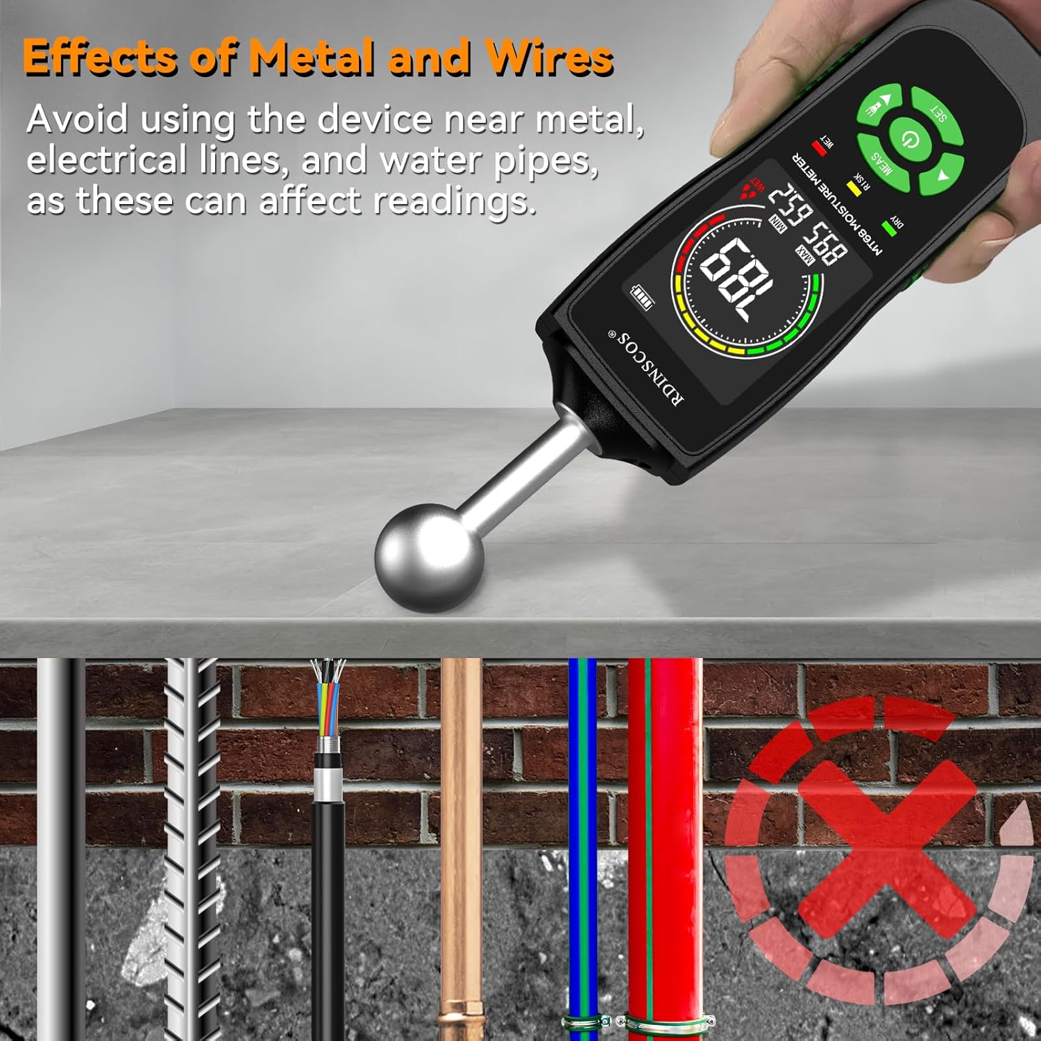 RDINSCOS MT68 Pinless Moisture Meter effects of metal