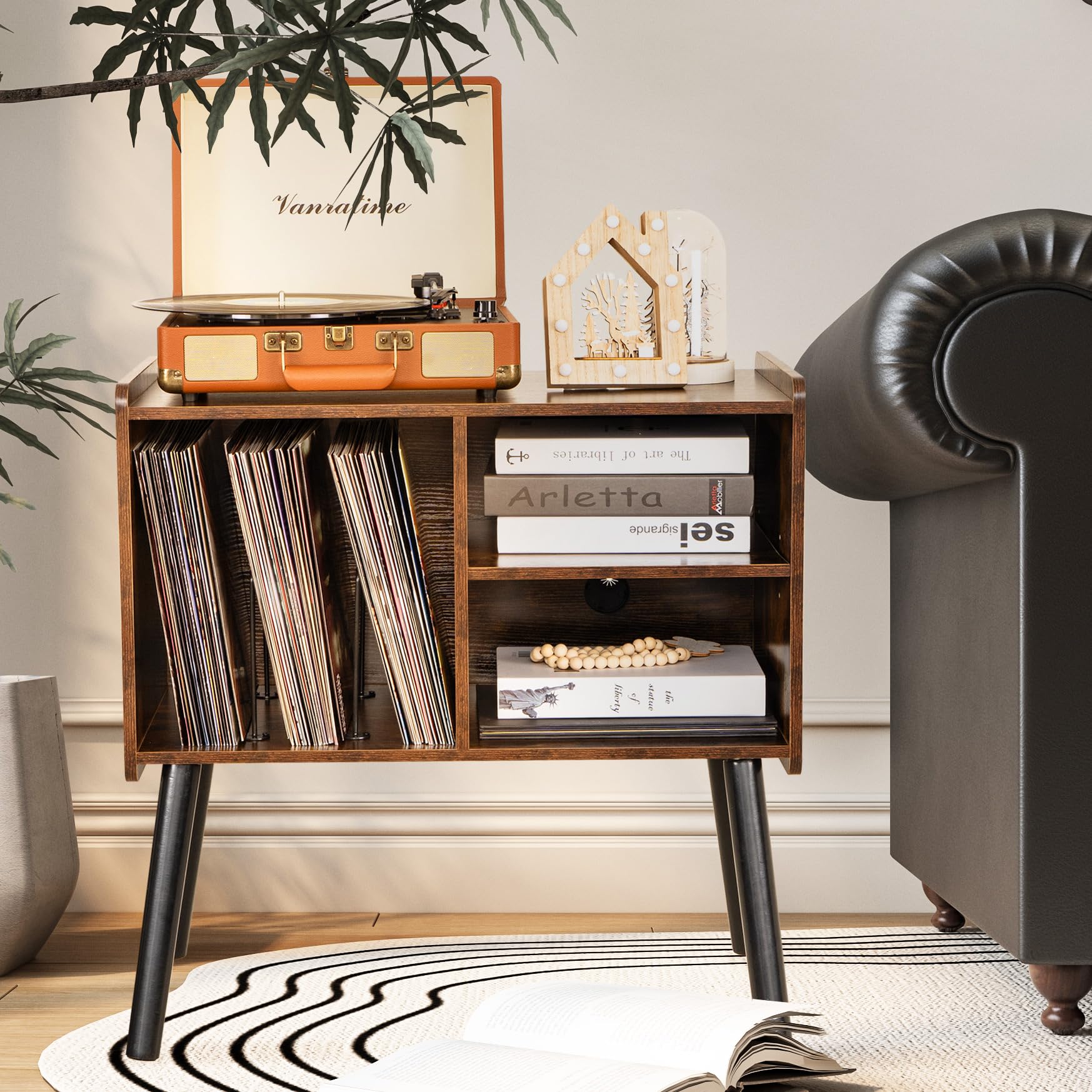 Record Player Stand, Mid-Century Record Player Table with Storage Hold Up to 150 Albums, Vinyl Record Cabinet with Adjustable Shelves, Wood Turntable Stand for Living Room Bedroom, (Brown)
