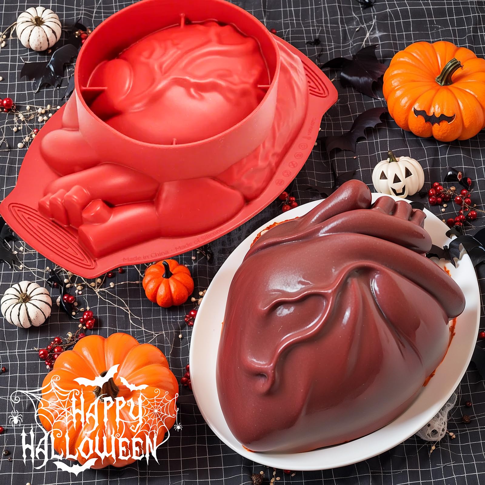 2 x Silikon-Herzform, Halloween-Kuchenform, großes Volumen, Backform mit Stützboden für Halloween, Kuchen, Süßigkeiten, Schokolade, Gelee oder Pudding