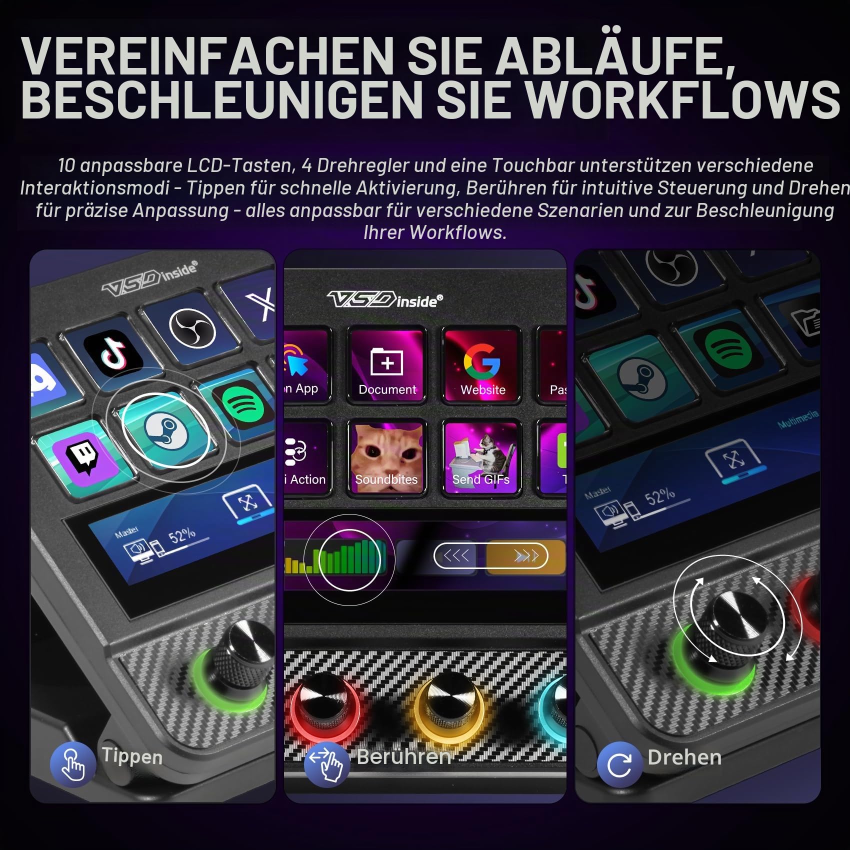 Macro Pad, Streaming Deck Stream Controller Soundboard Keypad, Programmierbare Tasten USB Shortcut Tastatur für Gamer Streamer, Audio Mixer für OBS, YouTube, Office Desk Setup, PC, Mac