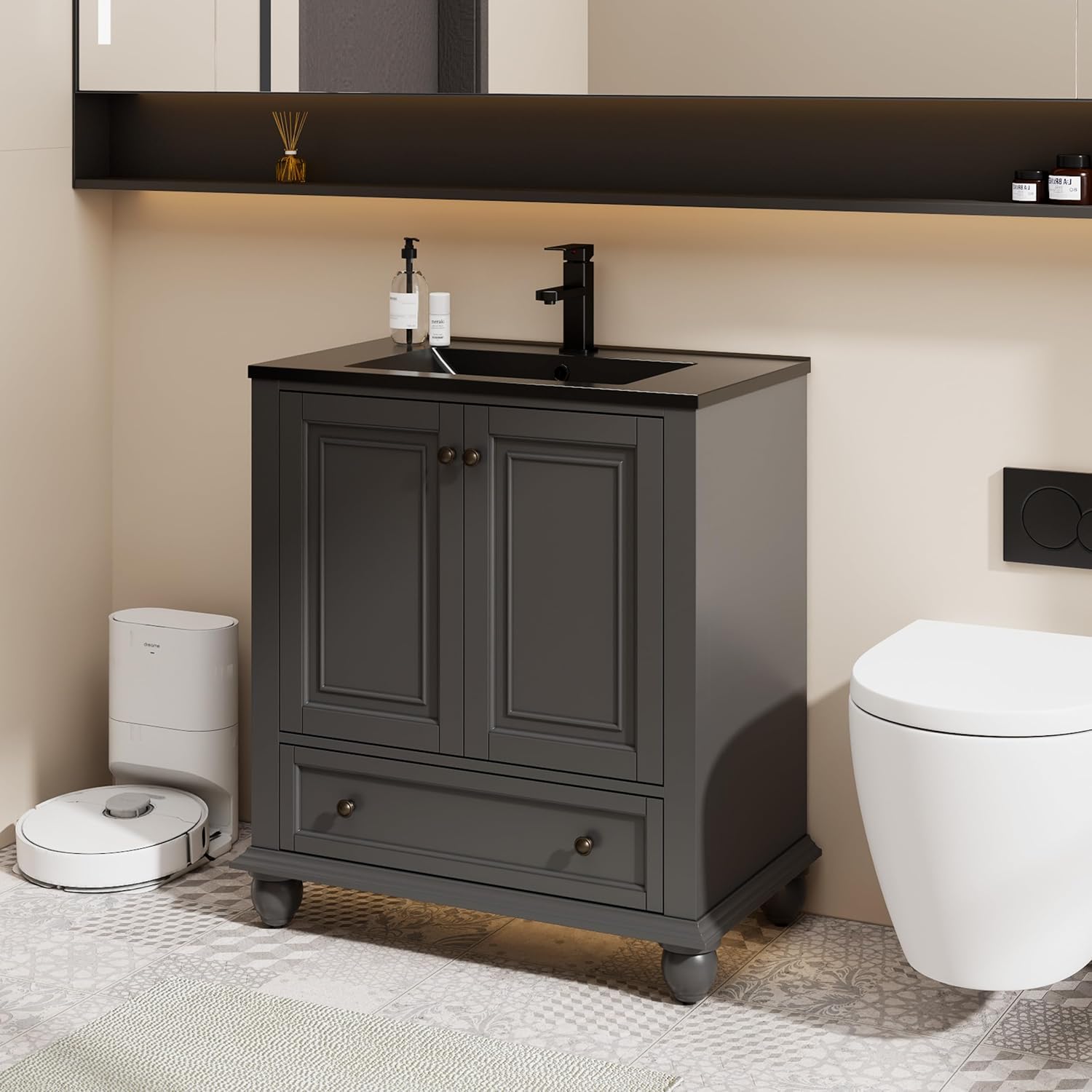 eclife 30" Bathroom Vanity Sink Combo Vintage Style with Painted Solid Wood Construction, Retro Vanities Storage Cabinet w/Gourd Leg Base, Undermount Black Sink Faucet Drain, Gray