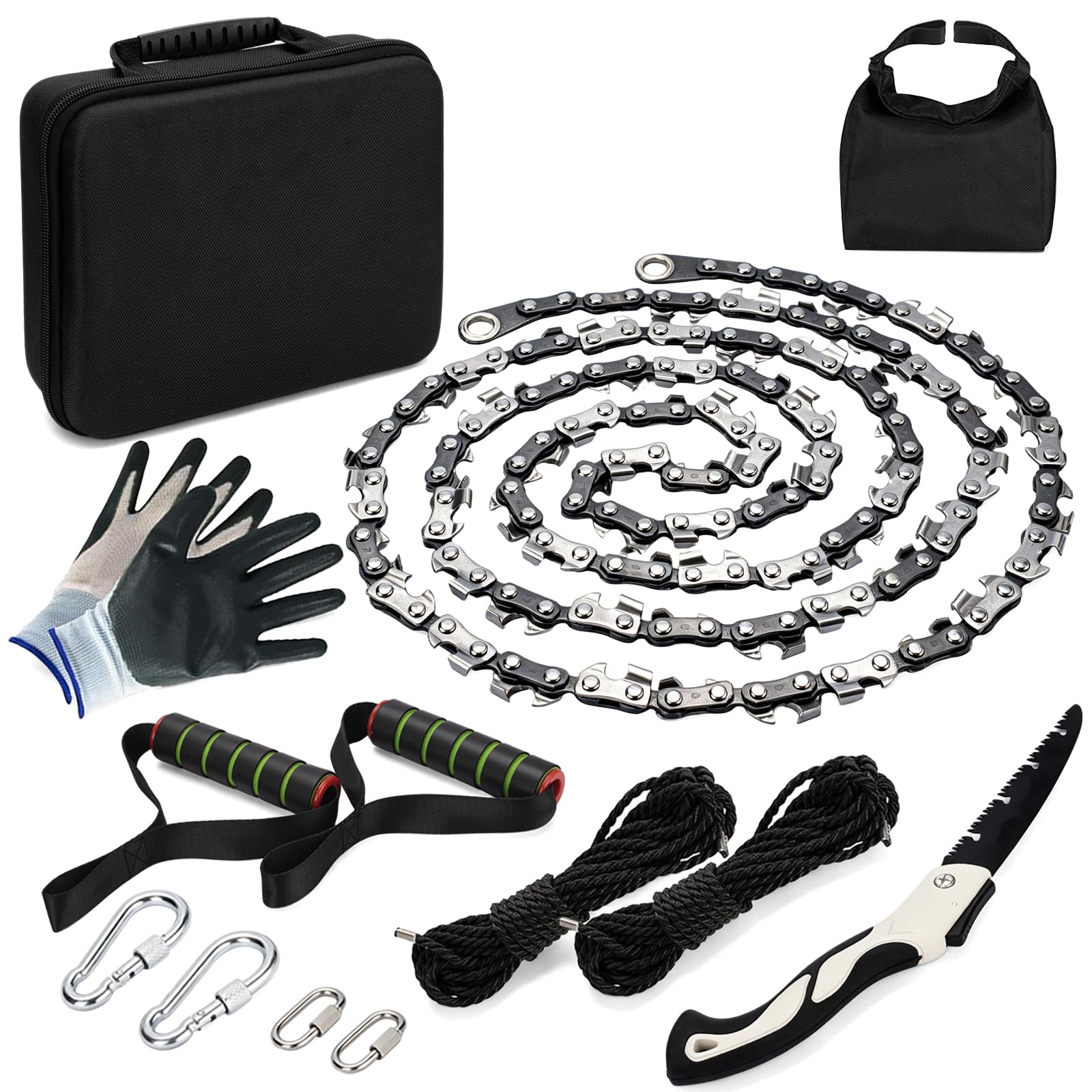 Loggers Art Gens Hand Rope Chain Saw - 48" pocket chainsaw directly connected to 66 ft ropes to form high tree limb rope chainsaw for camping survival and tree pruning