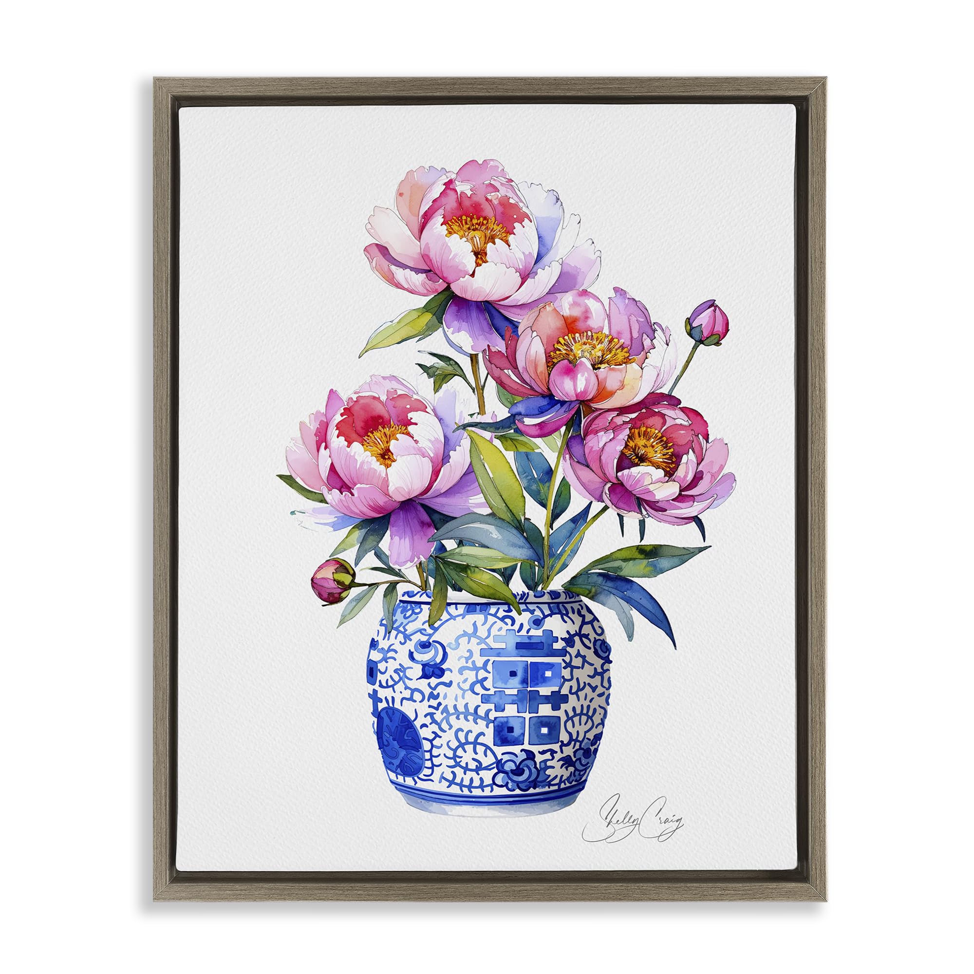 Stupell Industries Montalcino Elm (Textured) 'Blue Dynasty Blooms', Floating Frame Canvas Art, Brown, 17 X 21 Inches, Easy To Hang And Sturdy, Made In Usa, By Shelly Craig