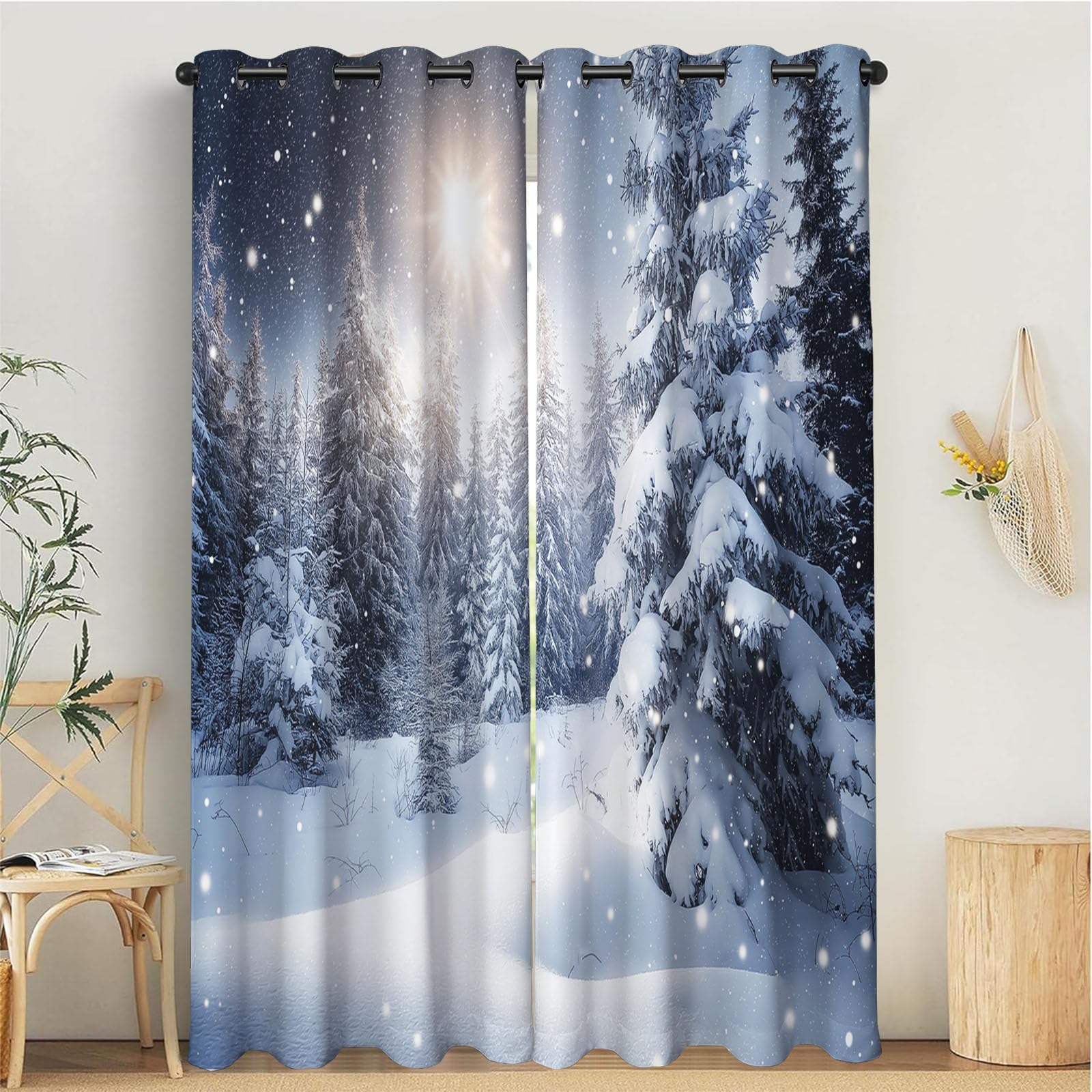 Rideaux occultants 3D paysage de neige pour deco fenetre salon