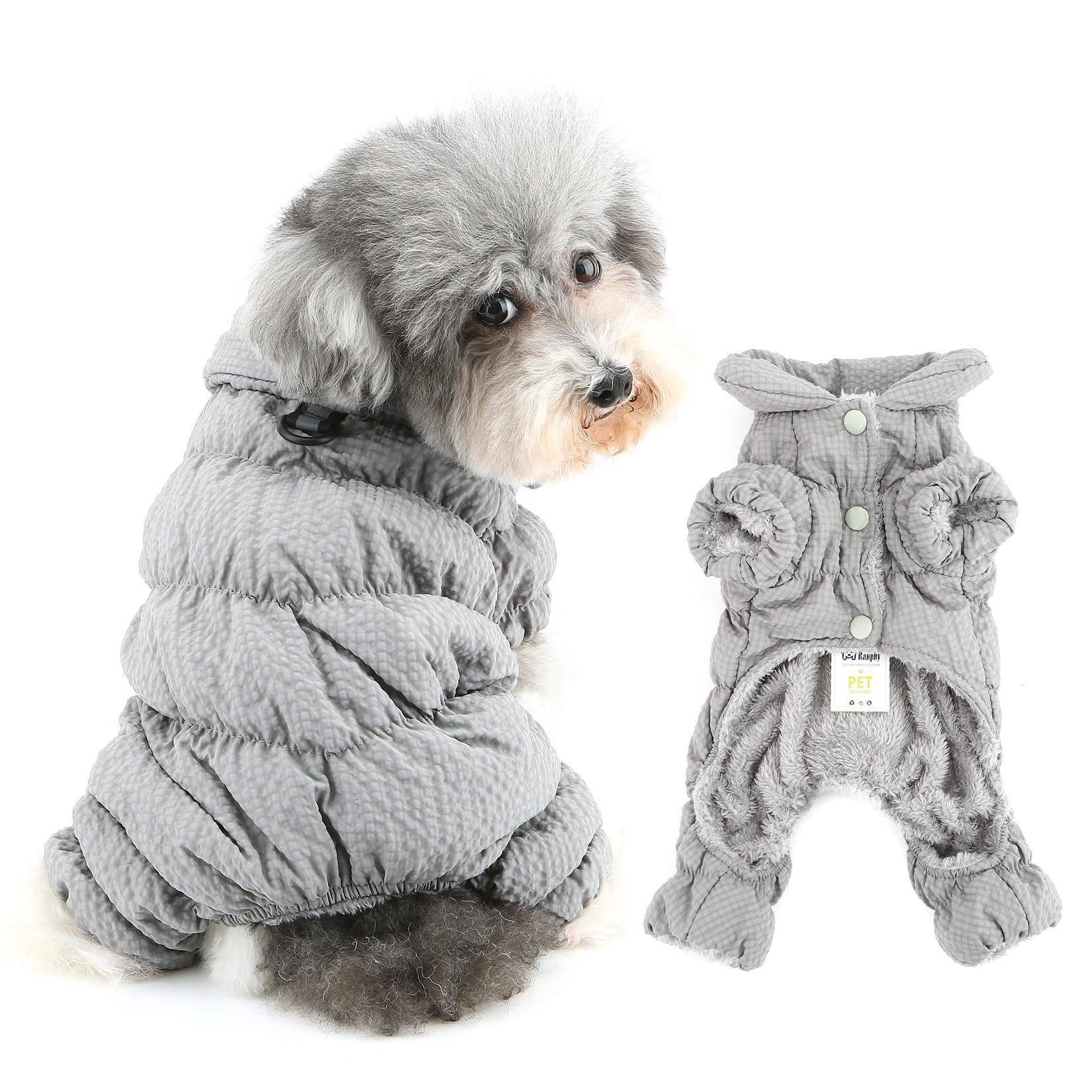 Ranphy Waterproof Plaid Winter Coat Jumpsuit for Small Dog Padded Fleece Lined Puppy Snow Jacket Full Cover Snowsuit with Legs Yorkie Chihuahua Cold Weather Clothes Leash Ring Cat Clothing,Grey,M