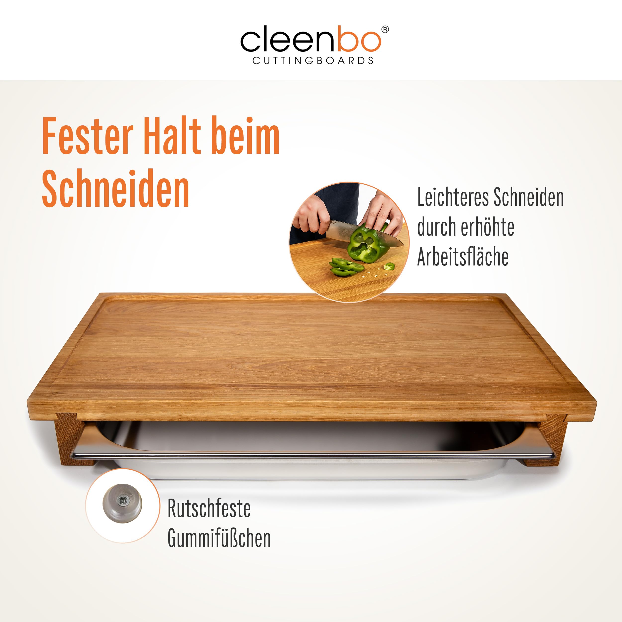 Schneidebrett Classic Oak Big bloc GN BBQ - Profi Holz Küchenbrett groß aus geölter Eiche - Hackbrett XXL mit Auffangschale - Edelstahl Auffangbehälter - Maße: 65 x 36 x 8,7 cm