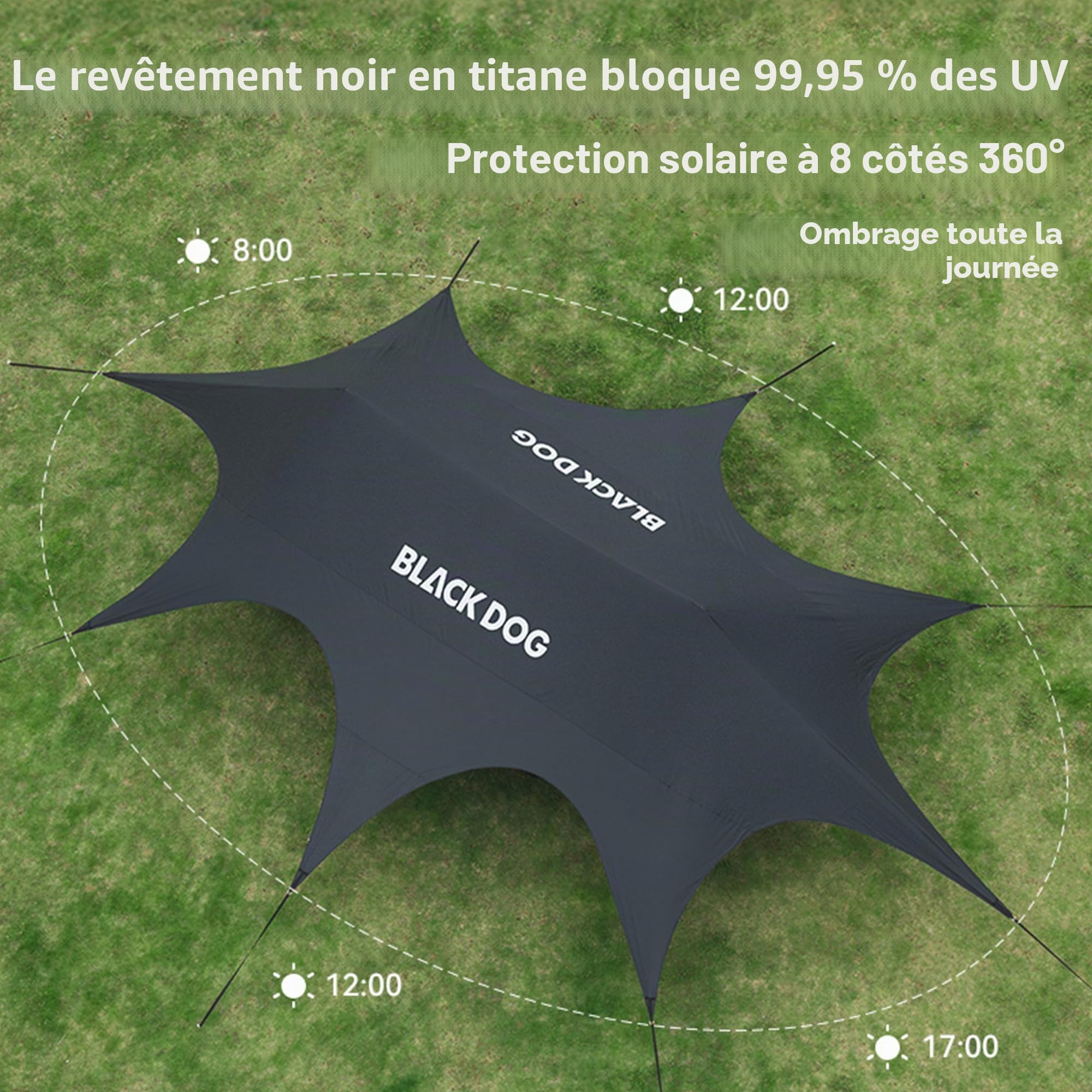 Blackdog 26/60 m² Tente de Camping, Tarp Voile d'Ombrage, Installation Rapide en 2 Étapes, Protection Solaire 360° Journée Complète, Résistance au Vent 6, Imperméabilité PU3000mm, pour Camping