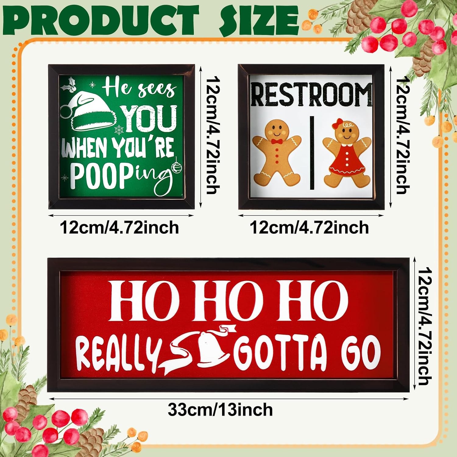 Roowest 3 Pcs Christmas Bathroom Wood Signs, Funny Restroom Wall Decor image 2