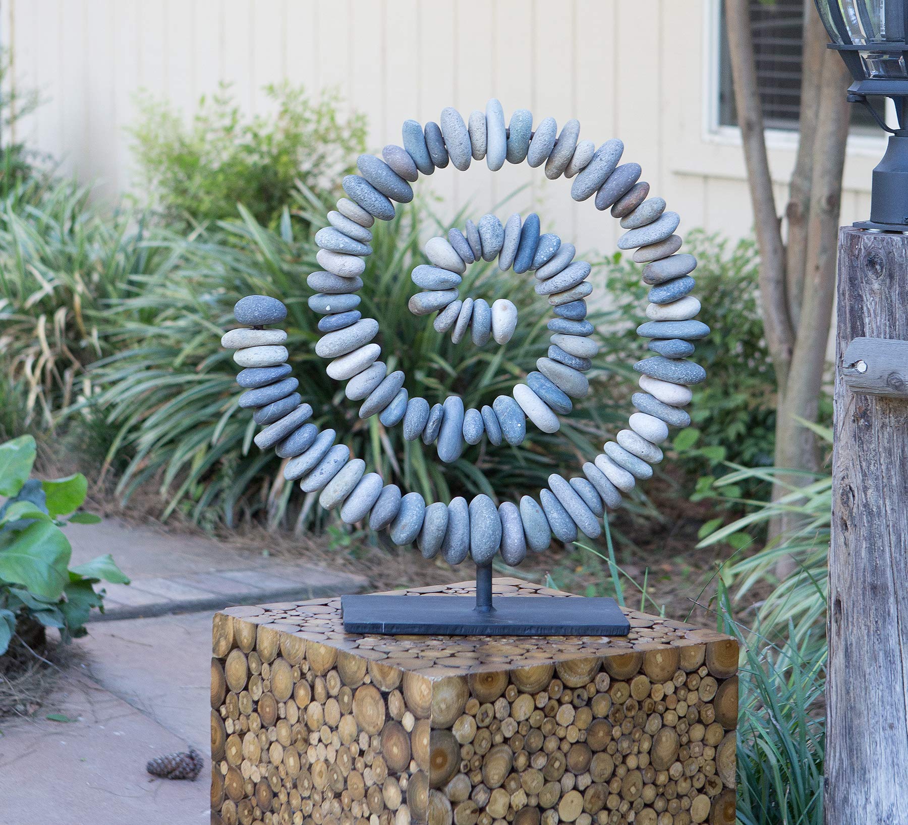Natural River Stacked Stone Spiral Cairn on Metal Stand Zen Garden Decoration Statue (Small)